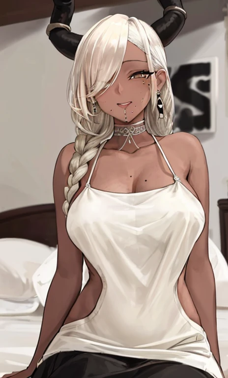 masterpiece,  best quality,  in a skirt {x} very detailed face,  vivid details ,  high contrast, owari\(Azure_lane\), horn,  dark-skinned woman,  TWIN BLADE,  hair,  earrings for a woman alone, Mole under the mouth,  white dress,  is sitting, Green, bedroom,
 