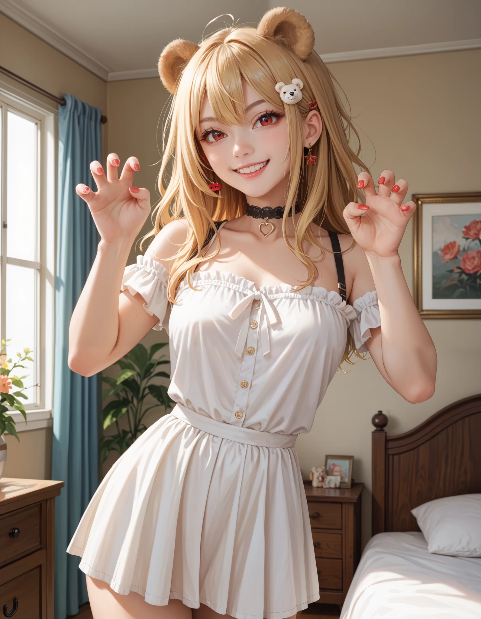 1girl, blonde hair, messy hair, long hair, red eyes, animal ears, bear ears, hairpin, short dress, choker, claw pose, evil smile, indoors, bedroom
BREAK,masterpiece, best quality,score_7_up,score_8_up,score_9, score_5_up,score_6_up, 