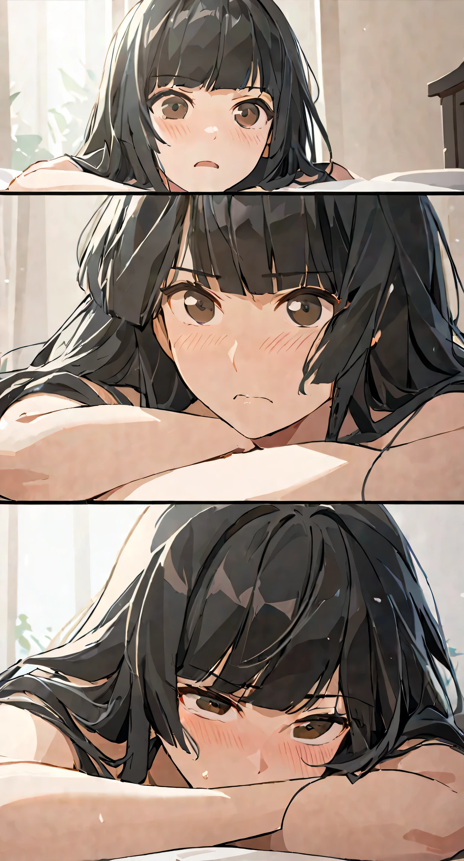 masterpiece,best quality, solo, eda, bangs, black hair, upper body,shy expression, medium breast, hot, thicc, swimsuit, she is shy, embarrassed , she is embarrassed, dynamic pose, close shot, upper body, dynamic pose, trying hard, serious face, chest focus, she is on the bed, she is lying on the bed next to you