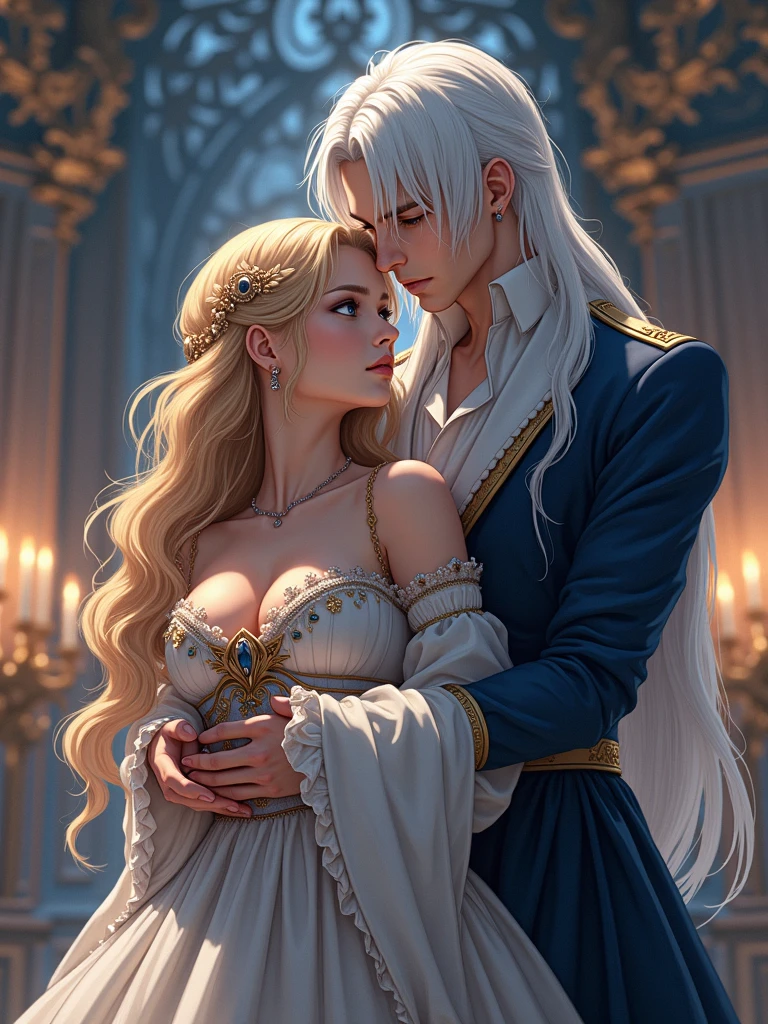 two people in formal wear posing for a photograph, barge and sakimichan, work in Guweiz style, wlop and ross tran, Wlop and Andrey Ryabovichev, neoartcore and Charlie Bowwater, loish and pluch, The Knight and the Princess, loish and ross tran, with white hair