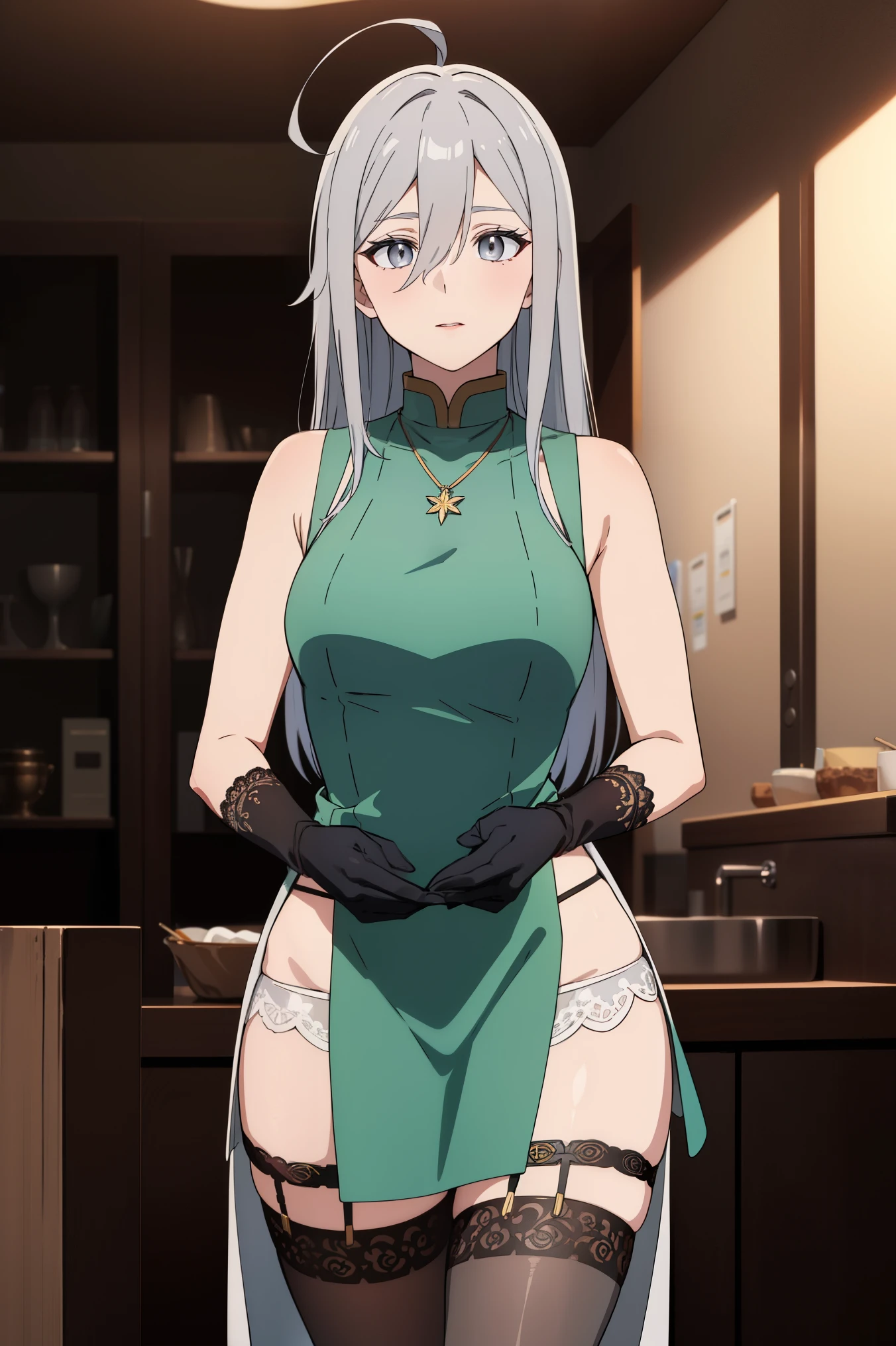 vladilenamilize, vladilena milize, (grey eyes:1.5), 1woman, mature woman, grey hair, hair between eyes, long hair, ahoge,
BREAK ((intricate red Garterbelt, panties, stockings, lace gloves, necklace,dress, green dress, two-tone dress, white dress, sleeveless, sleeveless dress:1.2)),
BREAK looking at viewer,
BREAK indoors, military place,
BREAK (masterpiece:1.2), best quality, high resolution, unity 8k wallpaper, (illustration:0.8), (beautiful detailed eyes:1.6), extremely detailed face, perfect lighting, extremely detailed CG, (perfect hands, perfect anatomy),