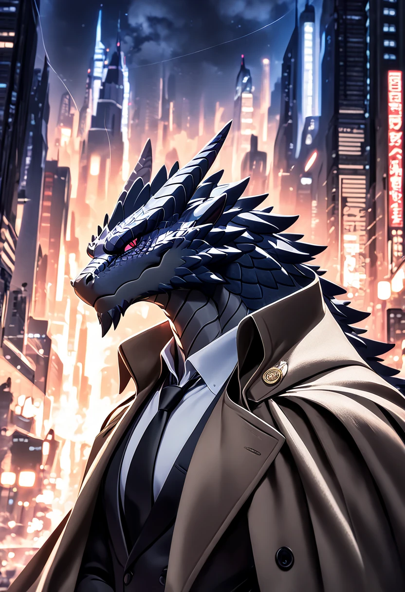  has a dominating and calm expression ， suit ，Trench coat cape ，furry，Strong and tall ， The background is a city bustling at night，dragon furry， black scales，Mafia Boss， strong muscles，Tiny scaled dragon scales，black dragon，The head feels like 