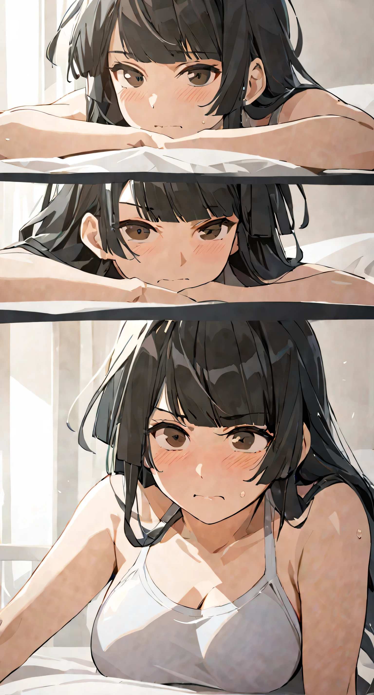 masterpiece,best quality, solo, eda, bangs, black hair, upper body,shy expression, medium breast, hot, thicc, swimsuit, she is shy, embarrassed , she is embarrassed, dynamic pose, close shot, upper body, dynamic pose, trying hard, serious face, chest focus, she is on the bed, she is lying on the bed next to you