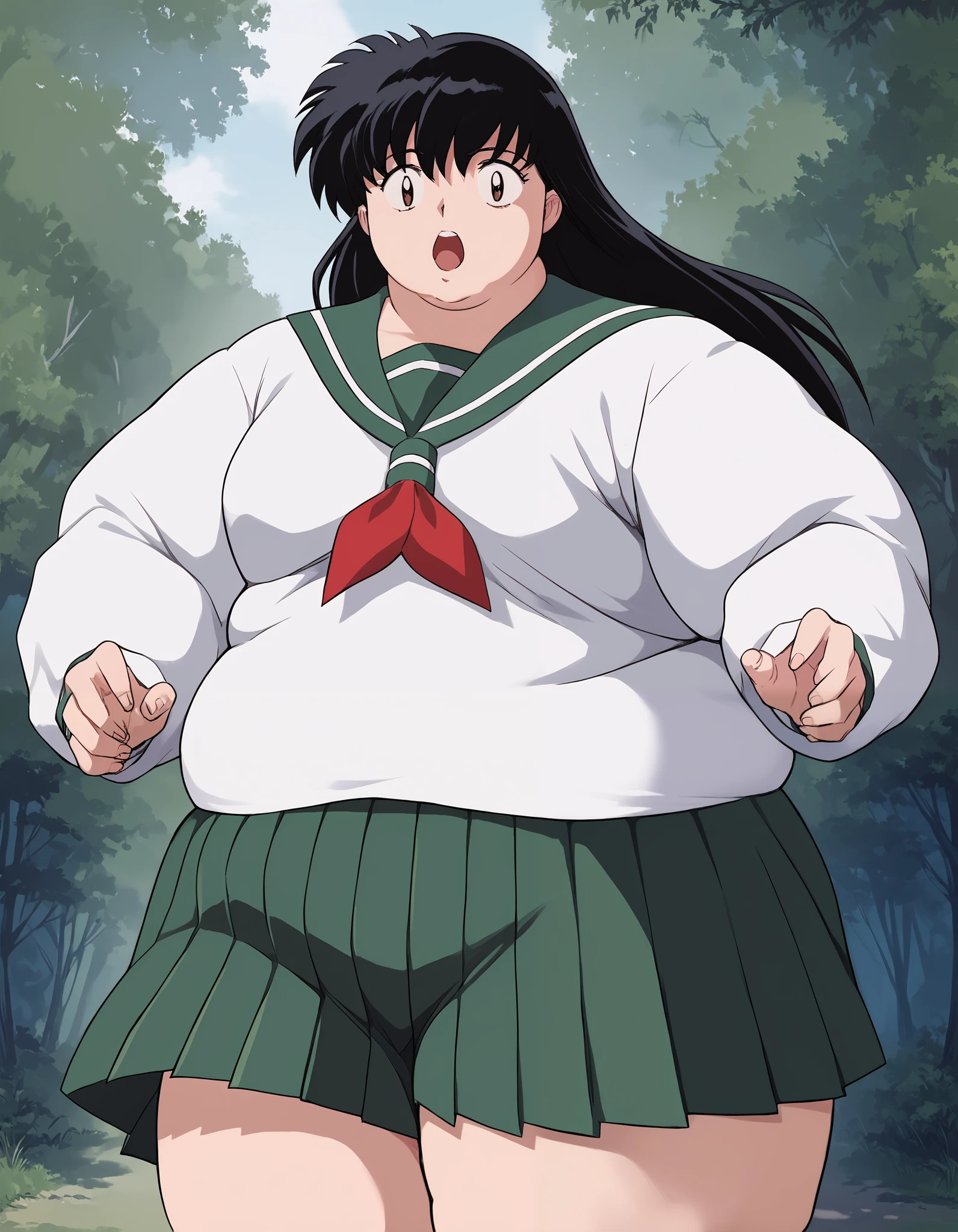 score_9, score_8_up, score_7_up, source_anime,
kagomehigurashi, kagome higurashi, long hair, black hair, retro artstyle, brown eyes, surprised reaction, shouting, open mouth,
skirt, shirt, long sleeves, school uniform, white shirt, pleated skirt, serafuku, sailor collar, green skirt, 
outdoors, forest, nature,
looking at viewer,  fat, chubby, obese, gigantic arms and legs, clothes ripping 