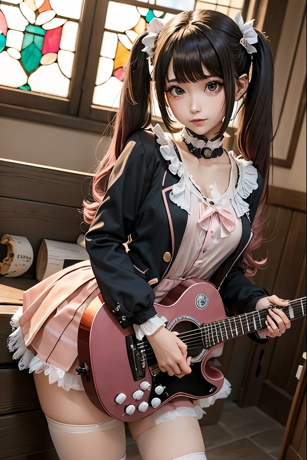 High school girl blazer、uniform、 Red Check Knee Length Skirt、 long skirt、JK Style、 jacket、smile、 knee-high socks、 thigh high socks 、 pantyhose、Superb Beauty 、Super cute、ennui、 Rare Beauty 、 twin tail hair、 Dark Dark Eye Shadow 、 sad、Skin radiance、 Long Hair Straightener 、 Dark Gothic Makeup 、Dark Smile、 Fragrant Beauty 、 Stained Glass Background 、masterpiece、 best quality、See 5 books、Sweat glistening on my chest、Sweat glistening on the face、 smaller breasts、Dark pink hair、22 years old、Slightly slim、 Mysterious Expressions 、Sad look、 pink hair、 Mysterious Gothic Church 、 Fascinating Castle 、Excessive sweating all over the body、Thighsに大量の汗と光、光沢のあるThighs、Thighs、Thighsに大量の汗が光る、 sweat a lot、Gal、 smaller breasts、 Japanese face 、 Seductive Expression 、細いThighs、Playing guitar、 holding an electric guitar 、Sing passionately、バンドでPlaying guitar、 Playing Guitar Chords 、 Live House Background 、 songs、 open your mouth、 Live House Scenery 、 microphone stand、 gorgeous live stage 、 Dynamic Angles 、