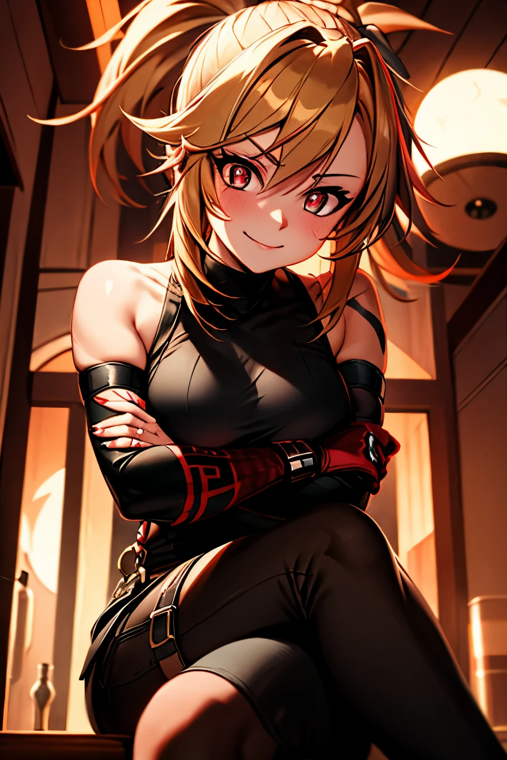 (masterpiece, best quality:1.2), red glowing eyes, red eyes, the eyes are red, perfect face, strong make up, highres, 1 girl, ultra long ponytail, (female:1.5), strife, blonde hair streaked with lots of red highlights, two colors hair (blond and red), hight flame mistress outfit, shoulder armor, sleeveless turtleneck, suspenders, belt, gloves, bracer pre potent smile, crossing legs, crossing arms , evil smile, evil pose, sitting, portrait, looking at viewer,  Her hair is streaked with lots red and blonde highlights, moon tribal tattoo.