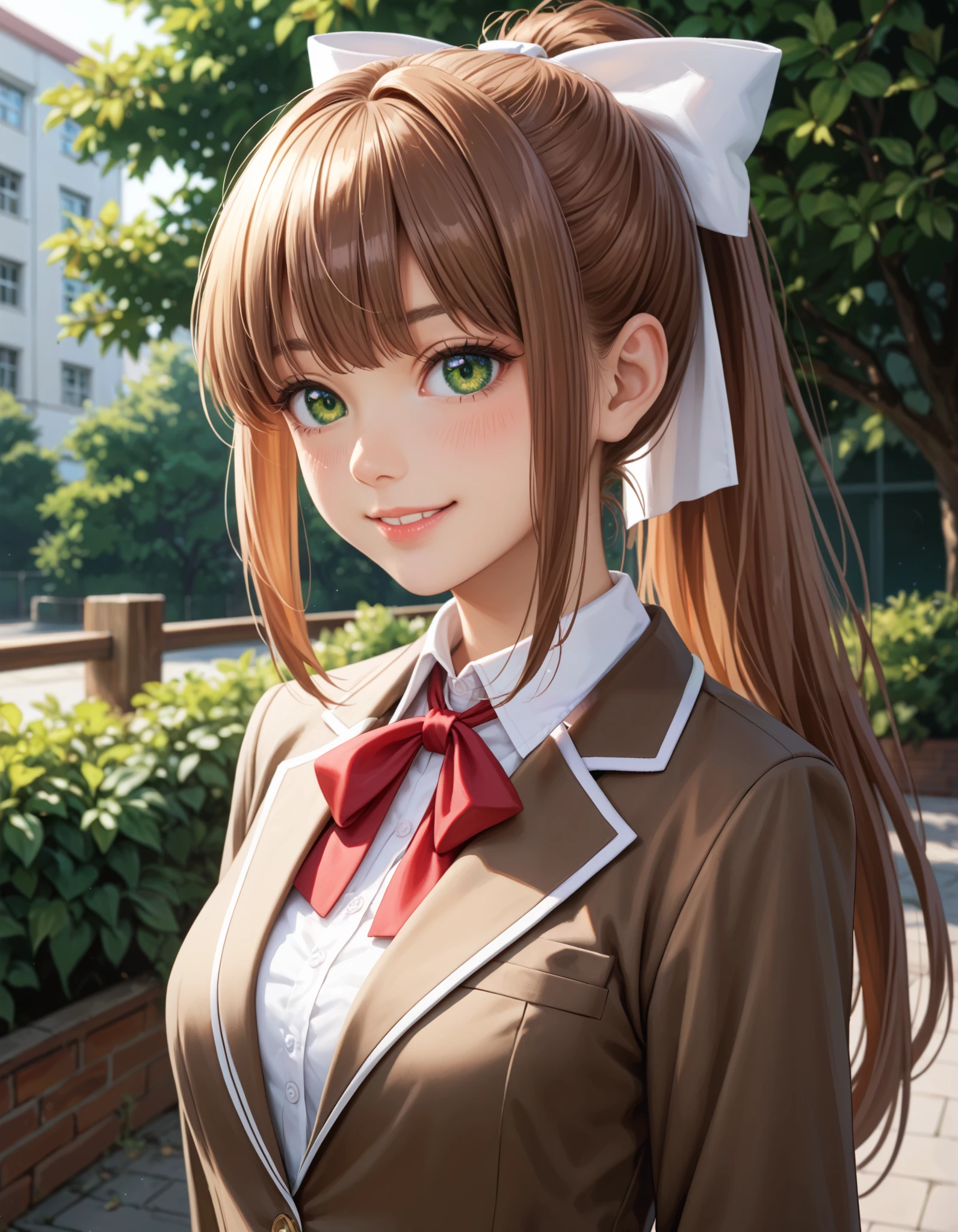 solo,outdoors,upper body,(portrait:1.5),looking at viewer,facing viewer,smile,blush,Monika,very long hair,brown hair,ponytail,hair bow,white bow,hair ribbon,white ribbon,sidelocks,bangs,green eyes,school uniform,brown jacket,blazer,wing collar,neck ribbon,red ribbon,white shirt,long sleeves,medium breasts,blue skirt,pleated skirt,zettai ryouiki,black thighhighs,uwabaki,white footwear,
BREAK,masterpiece, best quality,score_7_up,score_8_up,score_9, score_5_up,score_6_up, 