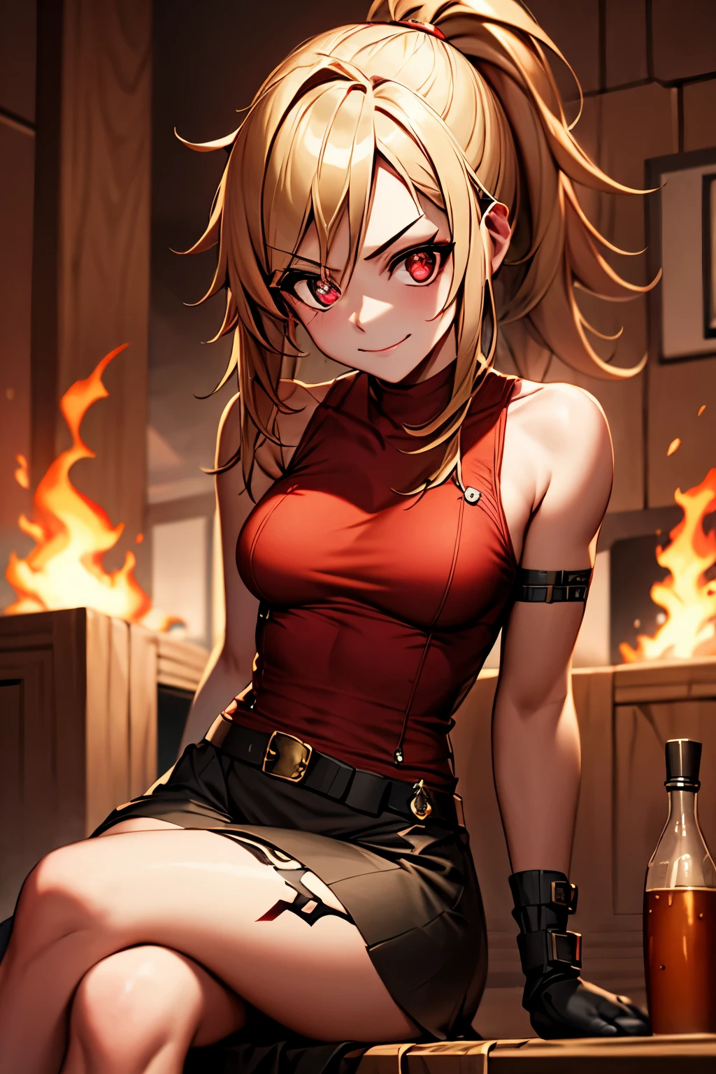 (masterpiece, best quality:1.2), red glowing eyes, red eyes, the eyes are red, perfect face, strong make up, highres, 1 girl, ultra long ponytail, (female:1.5), strife, blonde hair streaked with lots of red highlights, two colors hair (blond and red), hight flame mistress outfit, shoulder armor, sleeveless turtleneck, suspenders, belt, gloves, bracer pre potent smile, crossing legs, crossing arms , evil smile, evil pose, sitting, portrait, looking at viewer,  Her hair is streaked with lots red and blonde highlights, moon tribal tattoo.