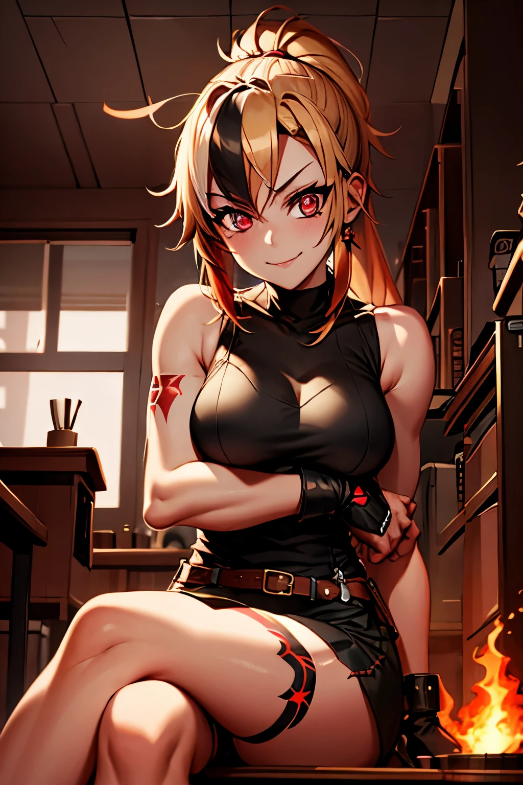 (masterpiece, best quality:1.2), red glowing eyes, red eyes, the eyes are red, perfect face, strong make up, highres, 1 girl, ultra long ponytail, (female:1.5), strife, blonde hair streaked with lots of red highlights, two colors hair (blond and red), hight flame mistress outfit, shoulder armor, sleeveless turtleneck, suspenders, belt, gloves, bracer pre potent smile, crossing legs, crossing arms , evil smile, evil pose, sitting, portrait, looking at viewer,  Her hair is streaked with lots red and blonde highlights, moon tribal tattoo.