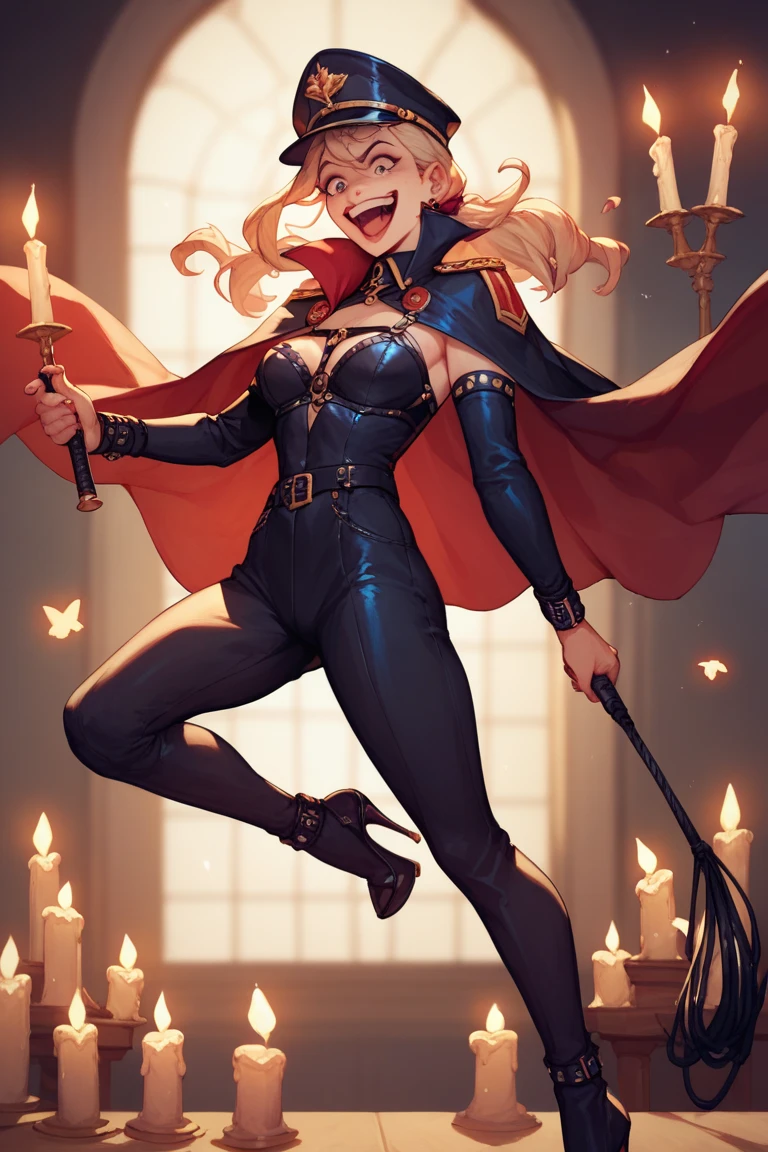  holding a long whip in his hand The background is a dark basement with candles and lights、Yakumo Beni, Bondage costumes、military cap、cape,high heels,  holding a long whip in her hand and posing
Contempt/Laughing at A ,  crazy smile , 