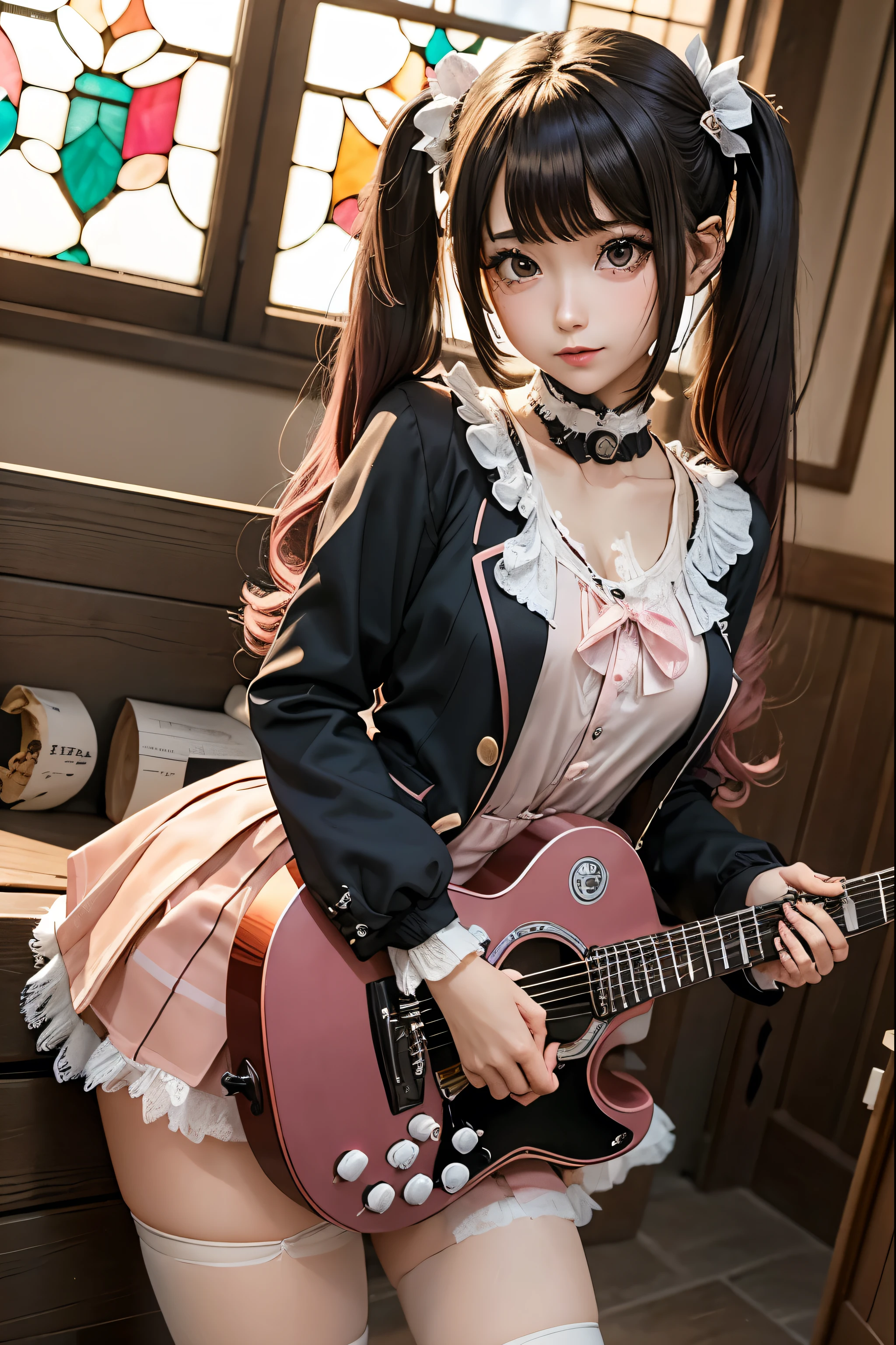 High school girl blazer、uniform、 Red Check Knee Length Skirt、 long skirt、JK Style、 jacket、smile、 knee-high socks、 thigh high socks 、 pantyhose、Superb beauty 、Super cute、ennui、 Rare Beauty 、 twin tail hair、 Dark Dark Eye Shadow 、 sad、Skin radiance、 Long Hair Straightener 、 Dark Gothic Makeup 、Dark Smile、 Fragrant Beauty 、 Stained Glass Background 、masterpiece、 best quality、See 5 books、Sweat glistening on my chest、Sweat glistening on the face、 smaller breasts、Dark pink hair、22 years old、Slightly slim、 Mysterious Expressions 、Sad look、 pink hair、 Mysterious Gothic Church 、 Fascinating Castle 、Excessive sweating all over the body、Lots of sweat and shine on the thighs、Shiny thighs、Thighs、 Thighs、 sweat a lot、gal、 smaller breasts、 Japanese face 、 Seductive Expression 、Thin thighs、Playing guitar、 holding an electric guitar 、Sing passionately、A lot of sweat shines on the band Playing Guitar 、 Playing Guitar Chords 、 Live House Background 、 songs、 open your mouth、 Live House Scenery 、 microphone stand、 gorgeous live stage 、 Dynamic Angles 、