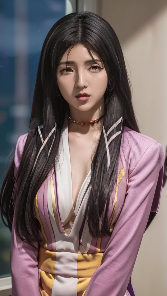 (night:1.7), HD, In front of the window with the curtain, curtain, Stand in an upright and immobile position, purple costume, Checked skirt, jewelry, necklace, Black Hair, Yellow eyes, Very long hair, 1girl, robe, smile, smiling, Mature Woman, beautiful Finger,beautiful long legs, beautiful bodysuit, beautiful Nose, beautiful character design, Perfect Eyes, perfect face, View your viewers, (close:1.3), Browsing Caution, Official Art, Very detailed CG Unity 8k wallpaper, Perfect lighting,colorful, bright_front_face_Lighting, (masterpiece:1.0),(Highest_quality:1.0), 超High resolution,4K,Very detailed, photograph, 8k, High resolution, High resolution, Absurd:1.2, 400 for Kodak Port, Film Grain, Blurred Background, bokeh:1.2, Lens flare, (Vibrant_color:1.2) (beautiful,big_chest:1.0), (beautiful_face:1.5),(narrow_Waist), Iki face, nsfw, full body, smoking, smoked