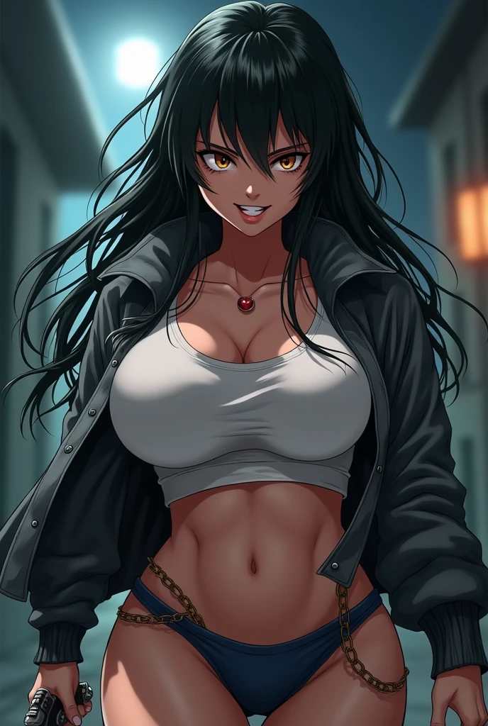 female, solo, close up, huge black rabbit ears, dark skin, long black hair, braid, curvaceous, wide smile, black eyes, abs, cleavage, heaving breasts, looking at viewer over her shoulder, black rabbit tail, leather jacket covering shoulders, crop top, worn jeans, holding cigarette in hand, choker, navel piercing, park, night, pose
