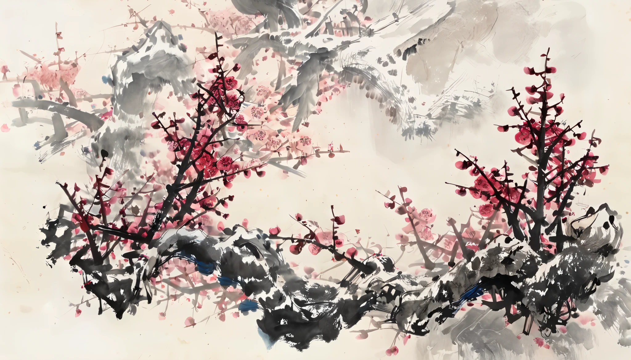 Ink Painting，Wang Chengxi ,Hou Dechang ，Chinese Landscape Painting，Chinese ink painting, Plum Blossom Tree in Heavy Snow ,Strong tree roots ，Heavy snow on tree roots and plum blossoms，Realistic plum blossoms， focuses on plum blossoms ， The whole scene is filled with ink wash style， traditional Chinese brushwork ， red use ， has the style of a Chinese artist ，（ Large areas of white ，One-third composition ：1：3）， Official Art ，羊皮纸Ink Painting，Ink Painting，（（concise）），concise， minimalism ，Beige Gray，Ink Painting风格，Parchment texture ，Clean，No text，Quiet and ethereal， HD resolution ， high quality 