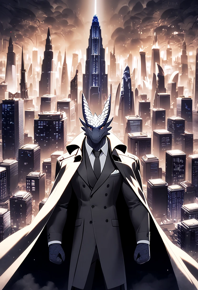  has a dominating and calm expression ， suit ，Trench coat cape ，furry，Strong and tall ， The background is a city bustling at night，dragon furry， black scales，Mafia Boss，Strong muscles ，Tiny scaled dragon scales，black dragon，The head feels like 