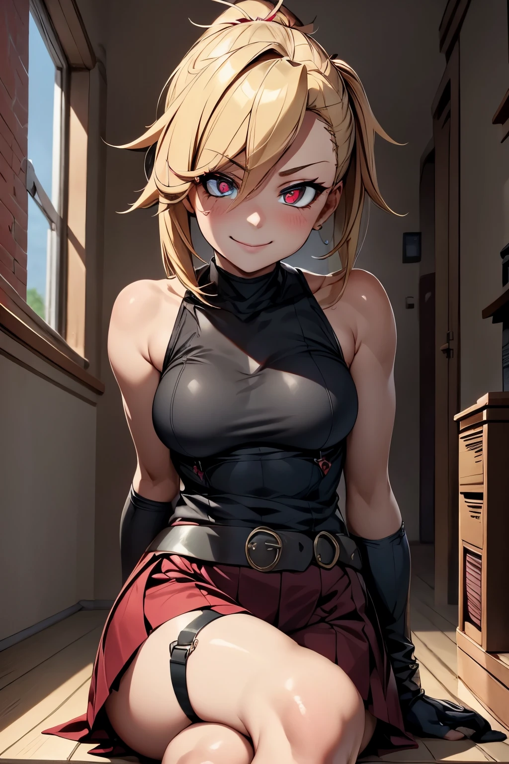 BlueMary, short blonde hair,blue eyes, red turtleneck, sleeveless shirt, navel, blue pants, fingerless gloves, belt,  looking at viewer, serious, smiling, on all fours, on large bed, inside cozy bedroom, soft lighting, high quality, masterpiece,  <lora:BlueMary-DocStasis:.7>