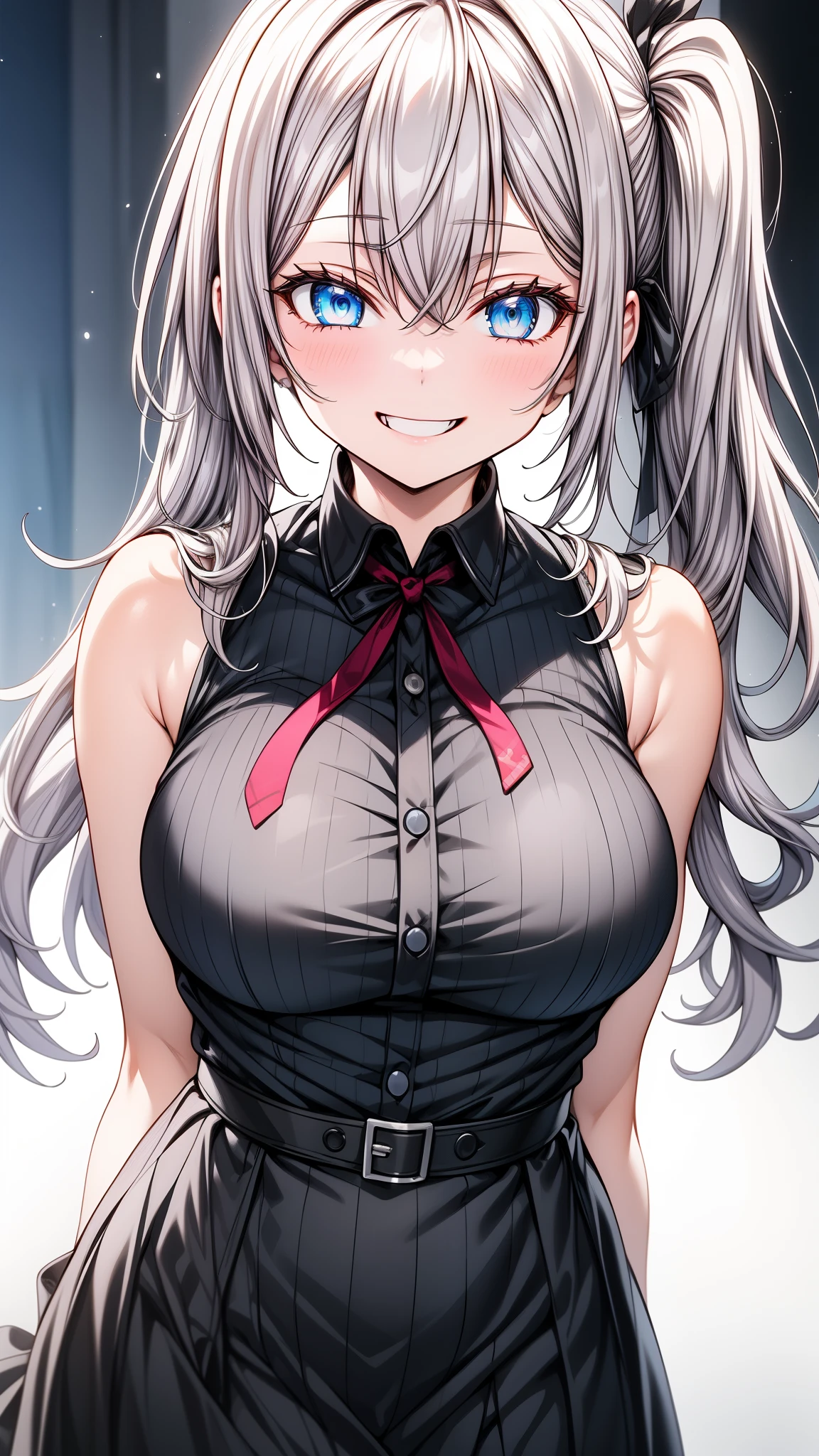   masterpiece, above_quality, source_animation, real_ Qualified _Exhibition, sarribaer _Detailed_rostro, sarribaer _Detailed_, 

 big breasts, Lucy Heartfilia, Alone,  silver hair , Blue eyes, long hair,  side ponytail , hombros descubiertos, sleeveless,  hair band,  evil smile tie, blush, breath, arrive for