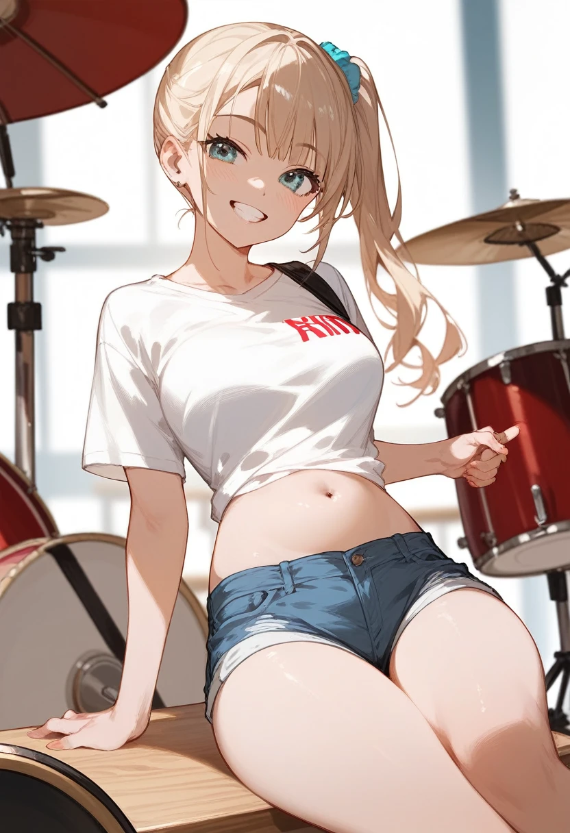 Ijichi Nijika、 Side Ponytail 、Short white t-shirt、 denim shorts、triangular idiot hair、 exercise sitting、 thighs are thick、Drum Performance 、belly button、 show your teeth and smile 