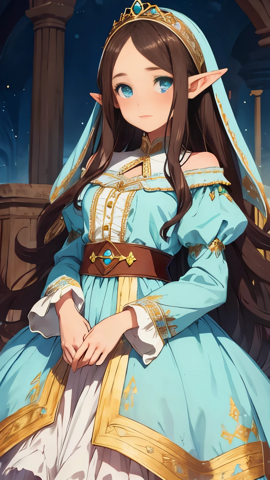 A girl with long dark brown hair, straight and with a clear forehead , with a beautiful face, innocent and turquoise eyes , dressed as an elf princess , light blue dress with ruffles , fine fabrics, headband tiara , pointed ears , medieval fantasy , embroidered details in plain gold