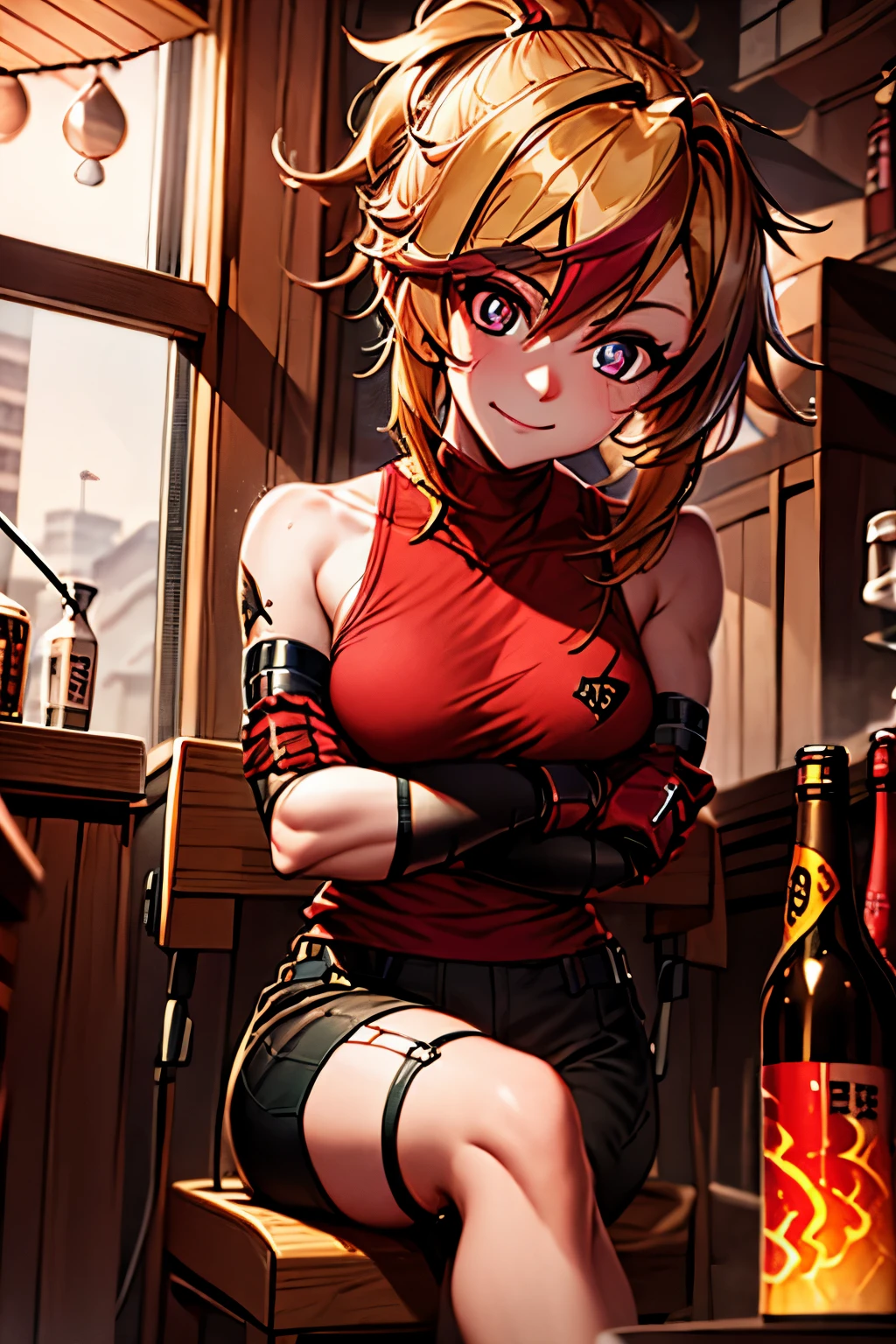 (masterpiece, best quality:1.2), red glowing eyes, red eyes, the eyes are red, perfect face, strong make up, highres, 1 girl, ultra long ponytail, (female:1.5), strife, blonde hair streaked with lots of red highlights, two colors hair (blond and red), hight flame mistress outfit, shoulder armor, sleeveless turtleneck, suspenders, belt, gloves, bracer pre potent smile, crossing legs, crossing arms , evil smile, evil pose, sitting, portrait, looking at viewer,  Her hair is streaked with lots red and blonde highlights, moon tribal tattoo.