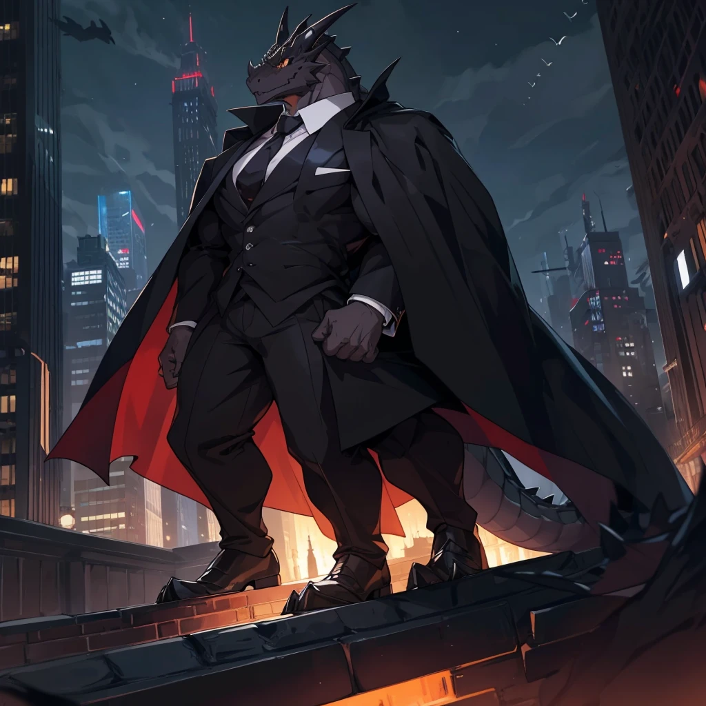 Very muscular black dragon, big pecs, heavy weight, bodybuilder build, wearing white jacket, formal attire, large bulge, standing while playing with a smartphone, in the public full of building, bright smile expression, glistening skin, vibrant color, 4k, realism, cool lighting