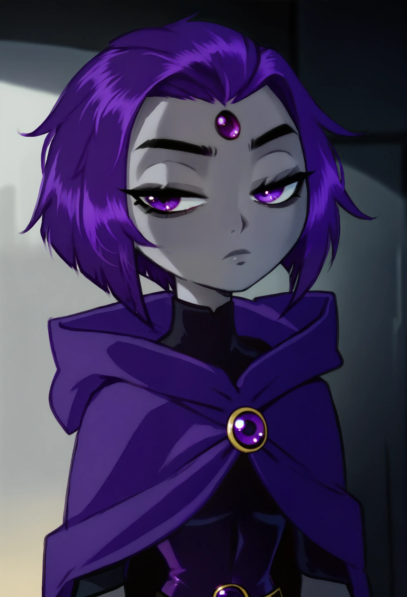 score_9,score_8_up,score_7_up, raventt, 1girl, grey skin, solo, purple cape, purple eyes, purple hair, forehead jewel, short hair, cloak, hood, leotard, belt, half closed eyes, looking at viewer