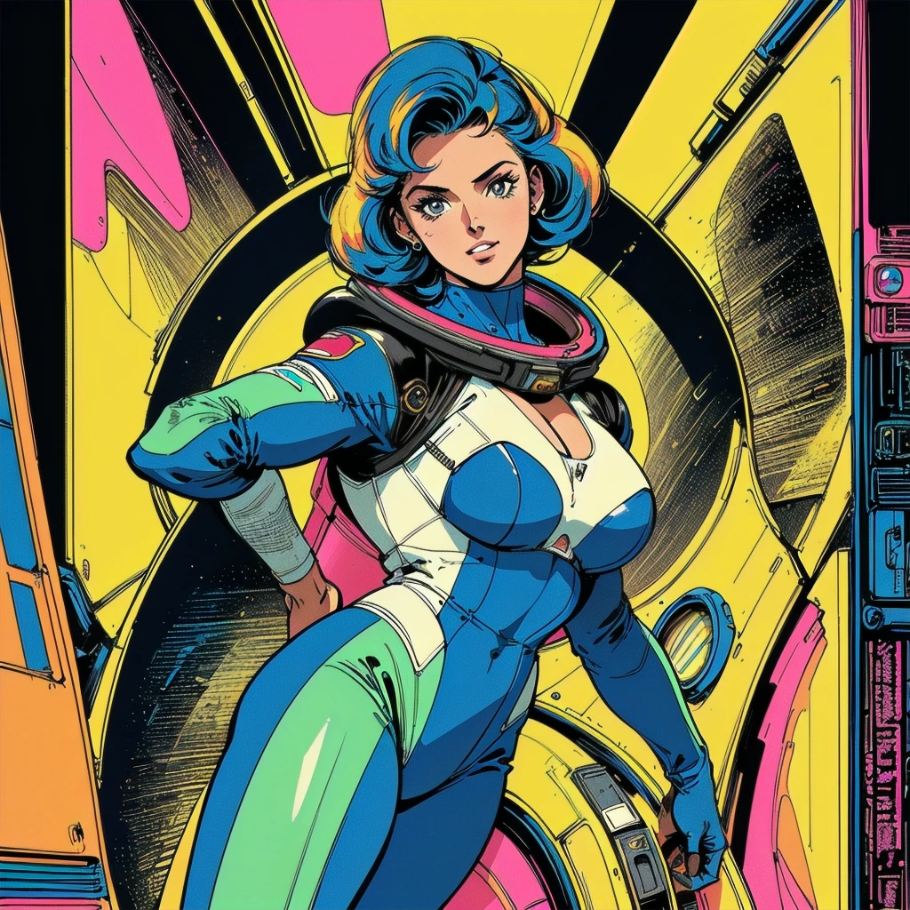 ((( Best Quality Masterpiece ))),(((Absolutely one woman))),(spacesuit that emphasizes cleavage ),((( 70s and 80s space thriller movie posters))),( American Comics ),((( retro vintage style ))),Overwhelmingly complex depiction,Absolute machine group background, futuristic cyberpunk ,Extremely accurate and delicate depiction,