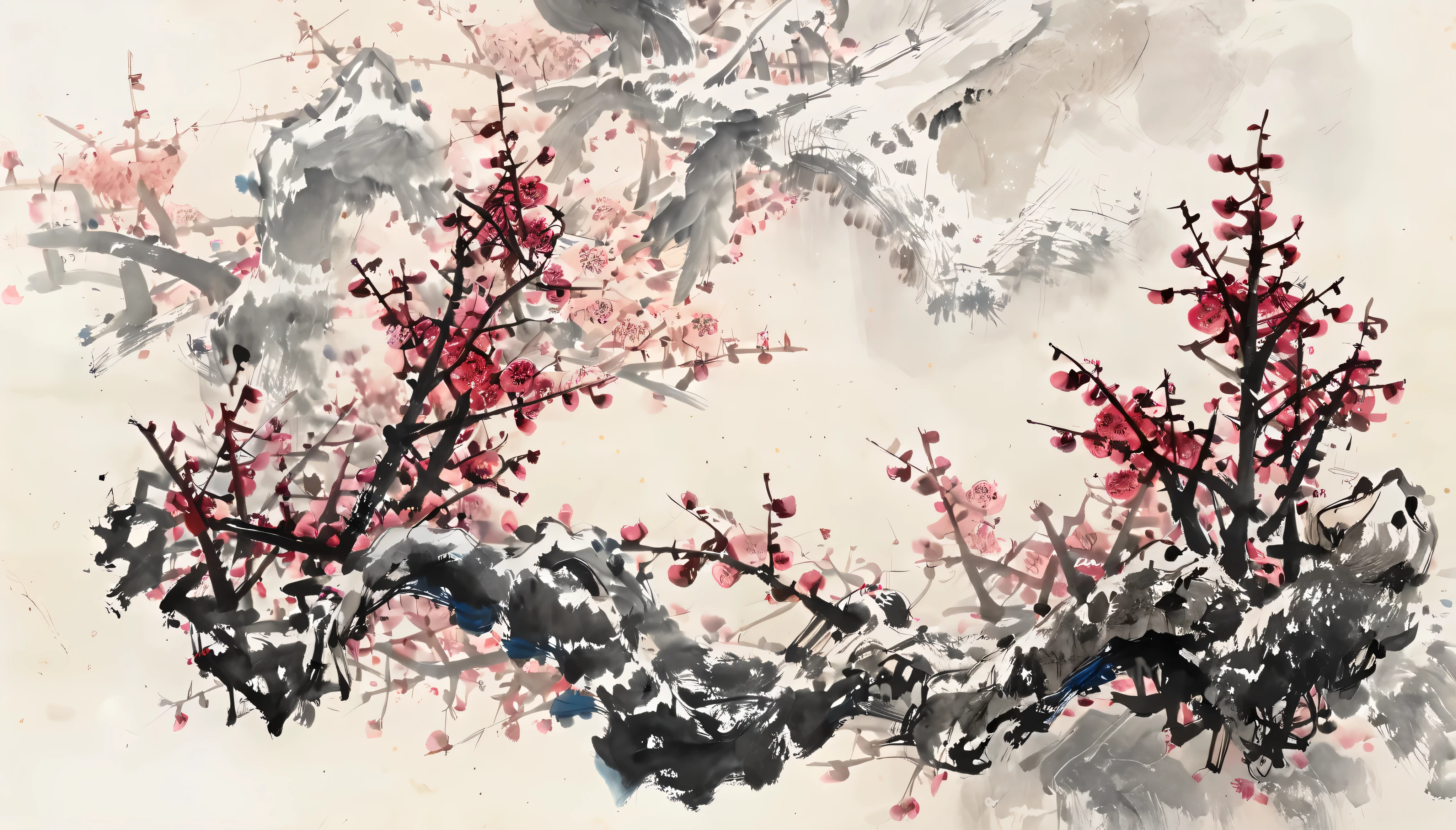 Ink Painting，Wang Chengxi ,Hou Dechang ，Chinese Landscape Painting，Chinese ink painting, Plum Blossom Tree in Heavy Snow ,Strong tree roots ，Heavy snow on tree roots and plum blossoms，Realistic plum blossoms， focuses on plum blossoms ， The whole scene is filled with ink wash style， traditional Chinese brushwork ， red use ， has the style of a Chinese artist ，（ Large areas of white ，One-third composition ：1：3）， Official Art ， Art Ink Painting，Ink Painting，（（concise）），concise， minimalism ，beige gray，ink painting style，Parchment texture ，Clean，no text，Quiet and ethereal， HD resolution ， high quality 