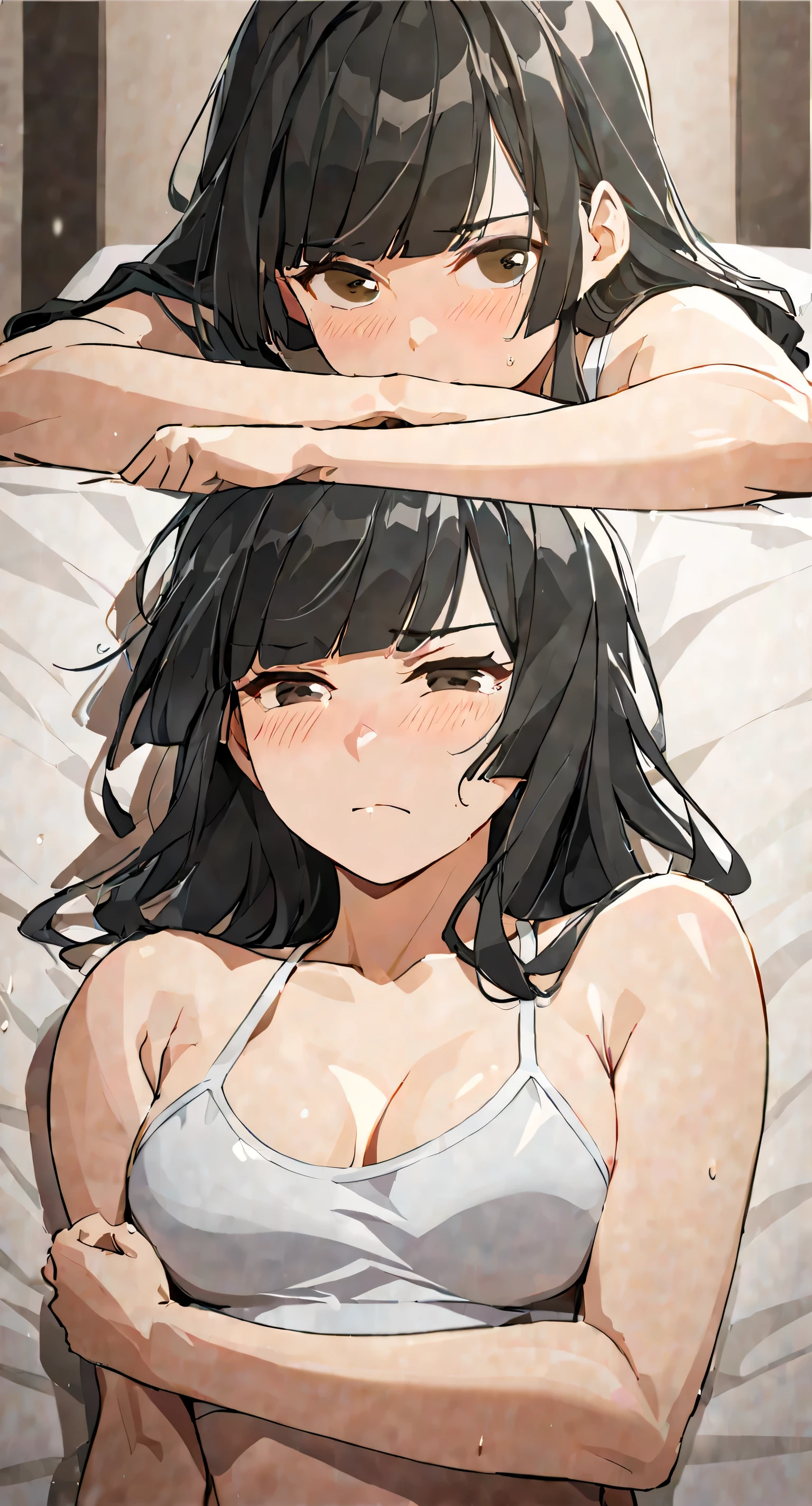 masterpiece,best quality, solo, eda, bangs, black hair, upper body,shy expression, medium breast, hot, thicc, swimsuit, she is shy, embarrassed , she is embarrassed, dynamic pose, close shot, upper body, dynamic pose, trying hard, serious face, chest focus, she is on the bed, she is lying on the bed next to you