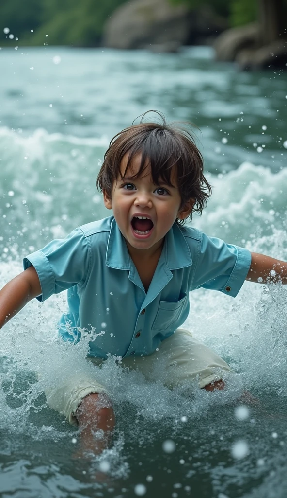 A boy's main part long in size in standing and some spume are dropping.