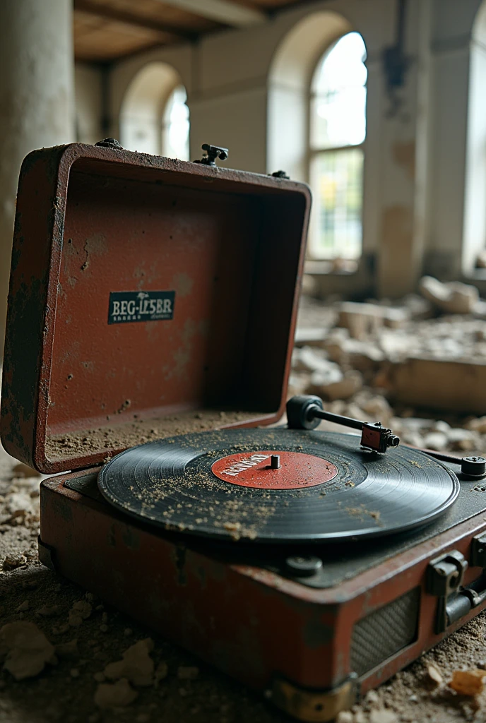 A vintage record player, worn and broken, surrounded by the ruins of an abandoned building. The captures scene a nostalgic atmosphere, with dust particles floating in the air and soft light filtering through cracked windows. The record player shows signs of age, with scratches and faded colors, evoking a sense of lost history and music.,highly detailed background