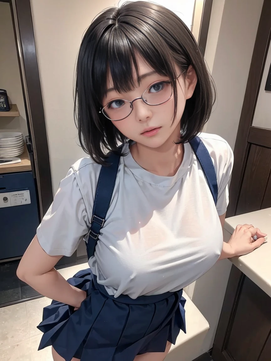 (masterpiece: 1.3), (Maximum resolution: 1.2), (         ultra HD TV         : 1.2), Cinema Light, 8k resolution,           detailed facial features,   wear  ,(  Standing and leaning forward  ) (        People with short black bob hair 々  )    ((  with rimless glasses  ))     Perfect Style,           cute face, Accurate, 解剖学的にAccurate,            Big Plump Breasts        ,            beautiful eyes          、  Sparkling Eyes ,           white skin,  shiny skin 、          glossy lips、 (           embarrassed          ルックス : 1.2),woman, 28 years old,  Low Angleの角度  , do 、      facial beauty        , (  skirt flip:1.4),   Loose,   Wrinkled White        panties    ,  humiliation、impatience、tears、          embarrassed          、          surprised expression、     A little angry look、dissatisfaction、 (      people in navy blue family restaurant uniforms々々:1.3)、apron,         sweated 、         panties 、          Disheveled clothes          、kitchen、counter、Front View 、 Low Angle