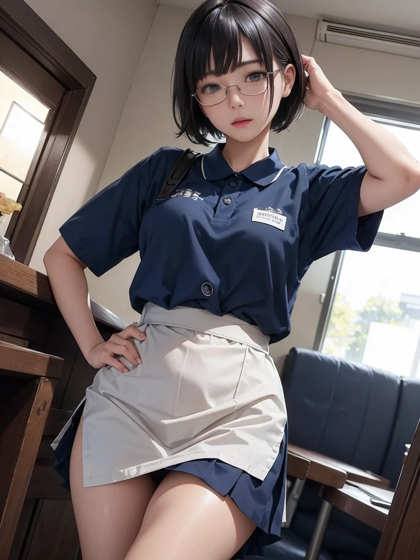 (masterpiece: 1.3), (Maximum resolution: 1.2), (         ultra HD TV         : 1.2), Cinema Light, 8k resolution,           detailed facial features,   wear  ,(  Standing and leaning forward  ) (        People with short black bob hair 々  )    ((  with rimless glasses  ))     Perfect Style,           cute face, Accurate, 解剖学的にAccurate,            Big Plump Breasts        ,            beautiful eyes          、  Sparkling Eyes ,           white skin,  shiny skin 、          glossy lips、 (           embarrassed          ルックス : 1.2),woman, 28 years old,  Low Angleの角度  , do 、      facial beauty        , (  skirt flip:1.4),   Loose,   Wrinkled White        panties    ,  humiliation、impatience、tears、          embarrassed          、          surprised expression、     A little angry look、dissatisfaction、 (      people in navy blue family restaurant uniforms々々:1.3)、apron,         sweated 、         panties 、          Disheveled clothes          、kitchen、counter、Front View 、 Low Angle