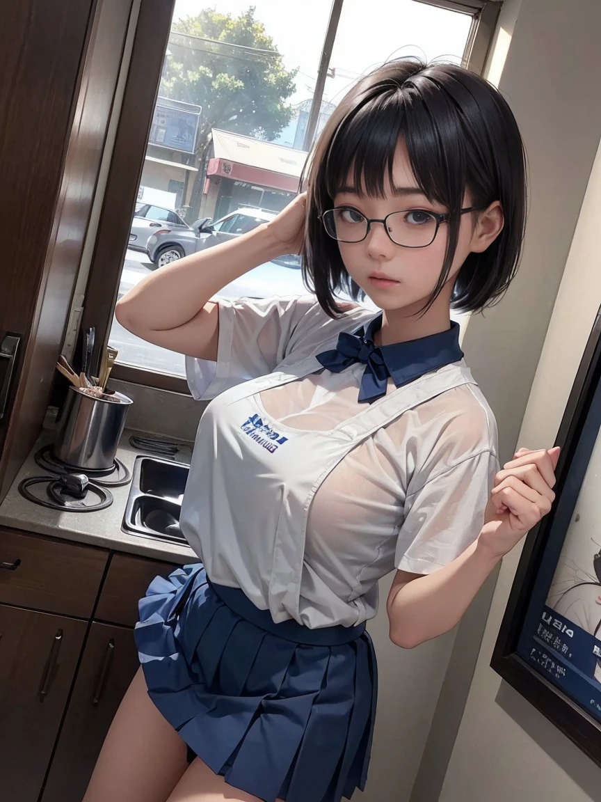 (masterpiece: 1.3), (Maximum resolution: 1.2), (         ultra HD TV         : 1.2), Cinema Light, 8k resolution,           detailed facial features,   wear  ,(  Standing and leaning forward  ) (        People with short black bob hair 々  )    ((  with rimless glasses  ))     Perfect Style,           cute face, Accurate, 解剖学的にAccurate,            Big Plump Breasts        ,            beautiful eyes          、  Sparkling Eyes ,           white skin,  shiny skin 、          glossy lips、 (           embarrassed          ルックス : 1.2),woman, 28 years old,  Low Angleの角度  , do 、      facial beauty        , (  skirt flip:1.4),   Loose,   Wrinkled White        panties    ,  humiliation、impatience、tears、          embarrassed          、          surprised expression、     A little angry look、dissatisfaction、 (      people in navy blue family restaurant uniforms々々:1.3)、apron,         sweated 、         panties 、          Disheveled clothes          、kitchen、counter、Front View 、 Low Angle