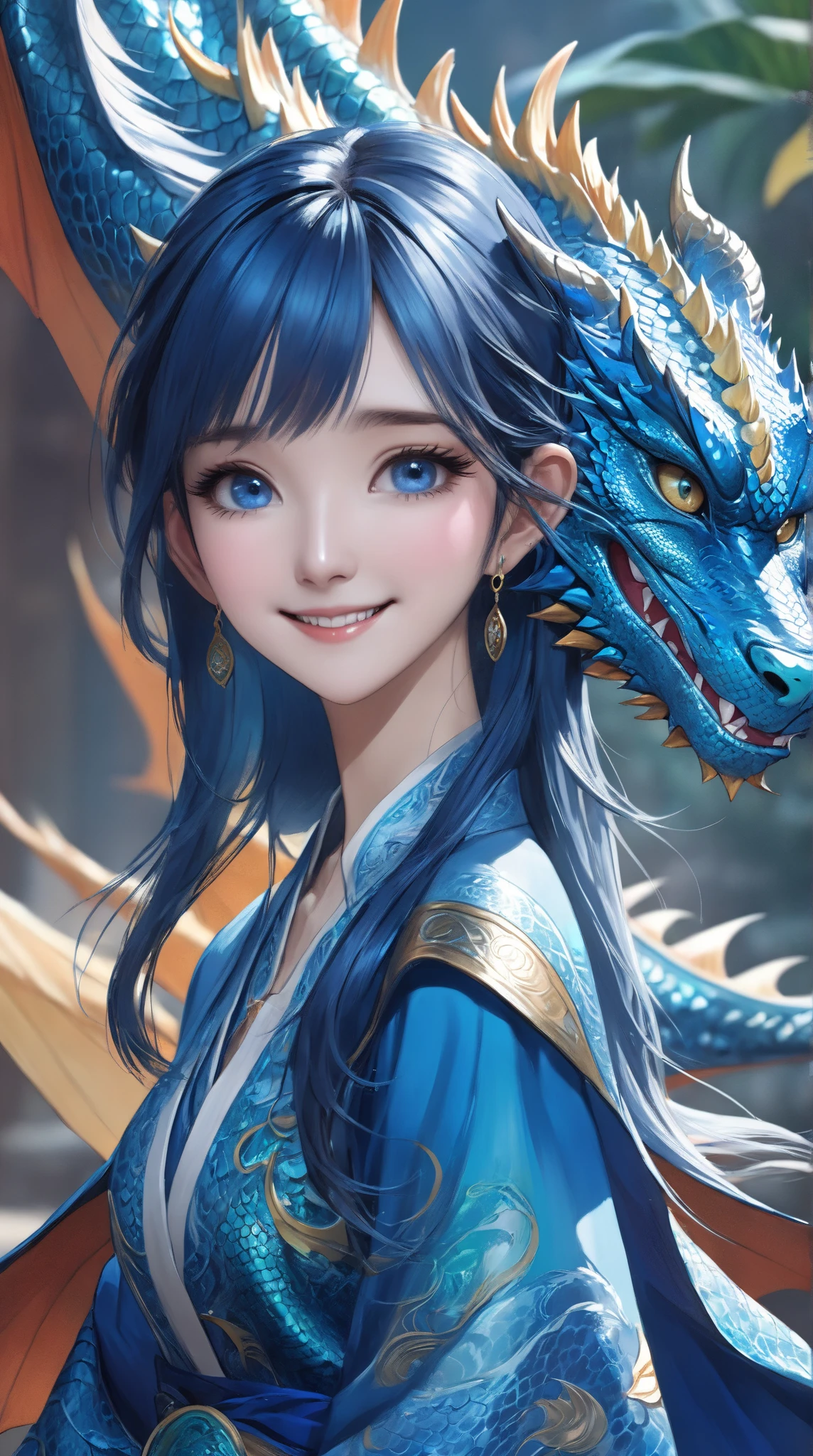 Brown hair girl and blue and white dragon