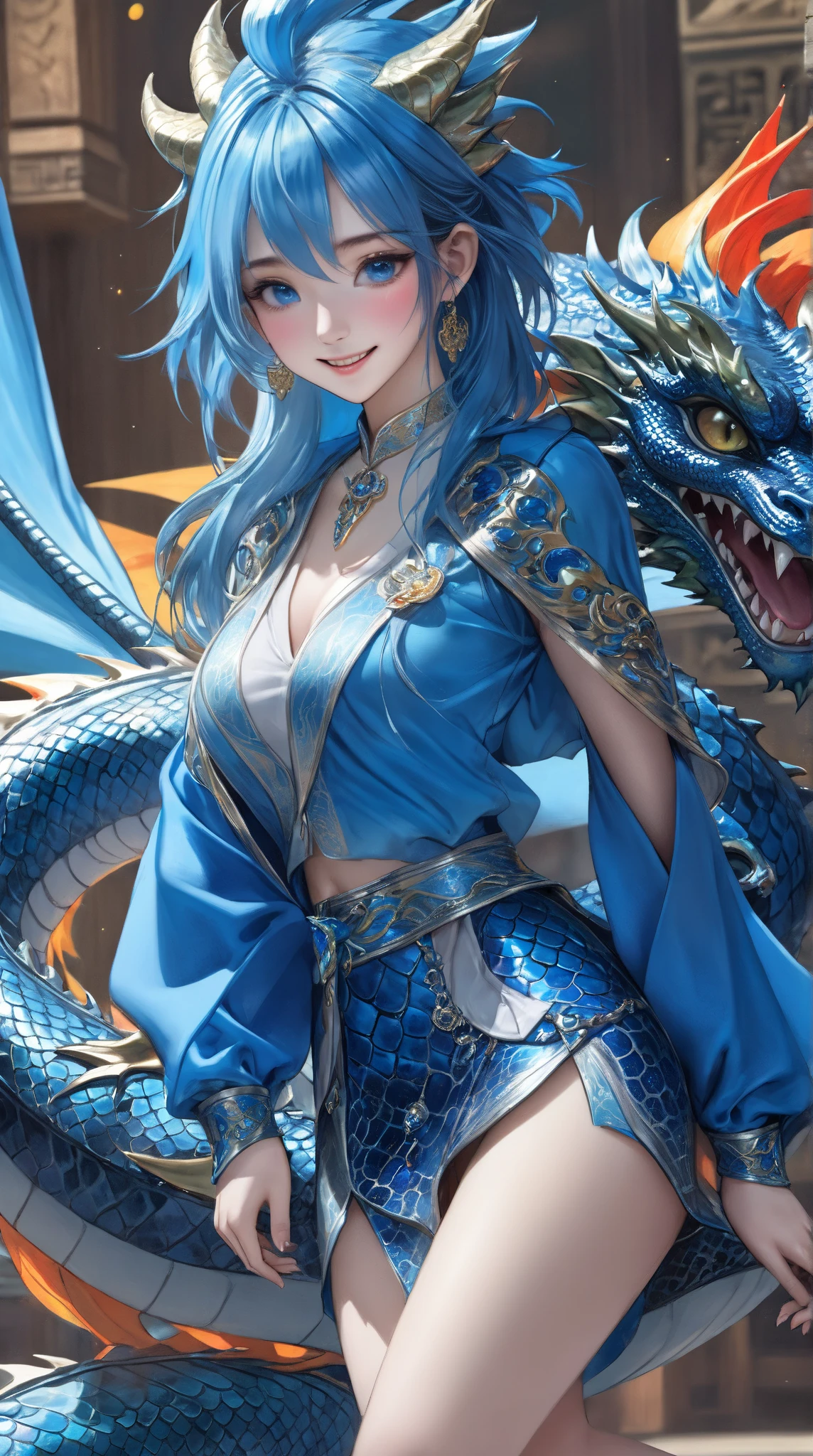 Masterpiece, Best quality, 8K, high detal, Ultra-detailed,A young girl, wearing a blue ancient dress and a dragon-patterned jade hairpin, has exquisite facial features and a determined expression. She was standing on an ancient dragon, surrounded by a cloud of auspicious clouds. As night fell, the moonlight shone on them, forming a beautiful scenery. From a distance, the figure of the girl and the dragon dancing in the moonlight seemed like a beautiful painting.