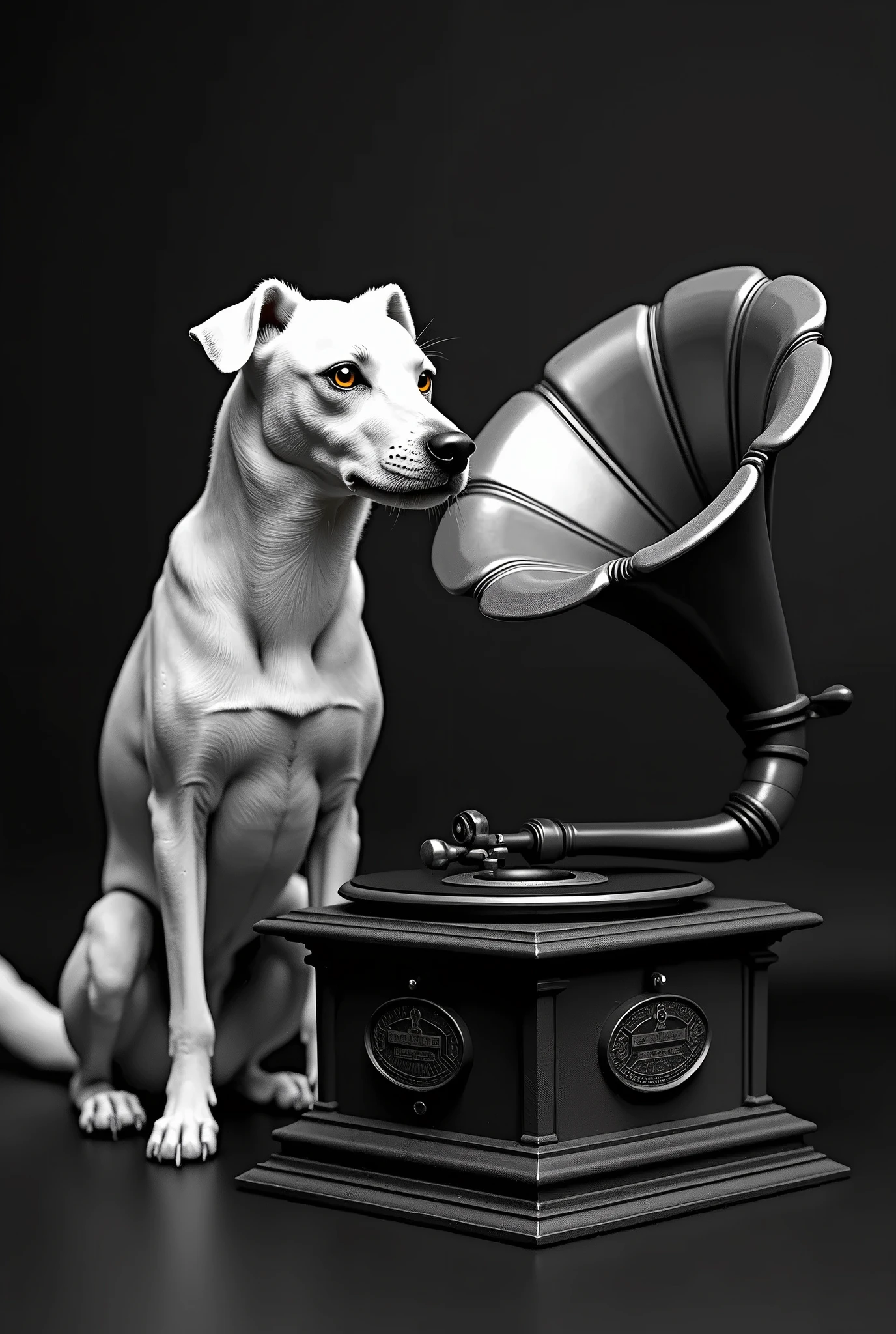 (Monochrome, Glossy black and white screen, masterpiece,  High Quality ,  high definition ,  Golden Ratio ,  Movie Lighting, Retro image quality, 8k),  a very old gramophone made in 1890 and a white dog, The dog's name is Nipper , Victor Talking Machine Company