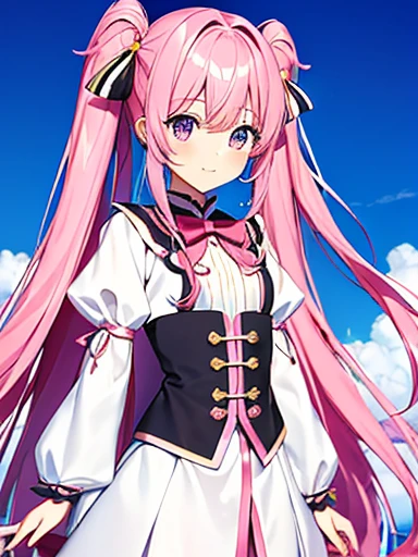  High Quality ，masterpiece。 A cute magical girl with very long pink hair ，Her hair is in long twin tails。 she顔と体を見る人の方を向いて直立します，Real identity。 her hands are empty ，Don&#39;t fold your hands。she背が高く見える，Her breasts are very large，Good style，she女性として完璧なプロポーションを持っている。sheかわいい顔で笑っている， Her eyes are both blue 。Her outfit is、きちんとしたMagical Girl Costumesです.， clothes that don't reveal much of her chest ， The costume covers her chest ，Magical Girl Costumes， Outfits with gorgeous designs such as ribbons and frills， The costume has a white and pink color scheme .，The skirt is a mini skirt， hands with long white gloves ，Long white socks on both legs 。she， Where you stand is in the city 。