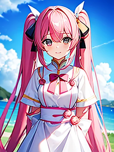  High Quality ，masterpiece。 A cute magical girl with very long pink hair ，Her hair is in long twin tails。 she顔と体を見る人の方を向いて直立します，Real identity。 her hands are empty ，Don&#39;t fold your hands。she背が高く見える，Her breasts are very large，Good style，she女性として完璧なプロポーションを持っている。sheかわいい顔で笑っている， Her eyes are both blue 。Her outfit is、きちんとしたMagical Girl Costumesです.， clothes that don't reveal much of her chest ， The costume covers her chest ，Magical Girl Costumes， Outfits with gorgeous designs such as ribbons and frills， The costume has a white and pink color scheme .，The skirt is a mini skirt， hands with long white gloves ，Long white socks on both legs 。she， Where you stand is in the city 。