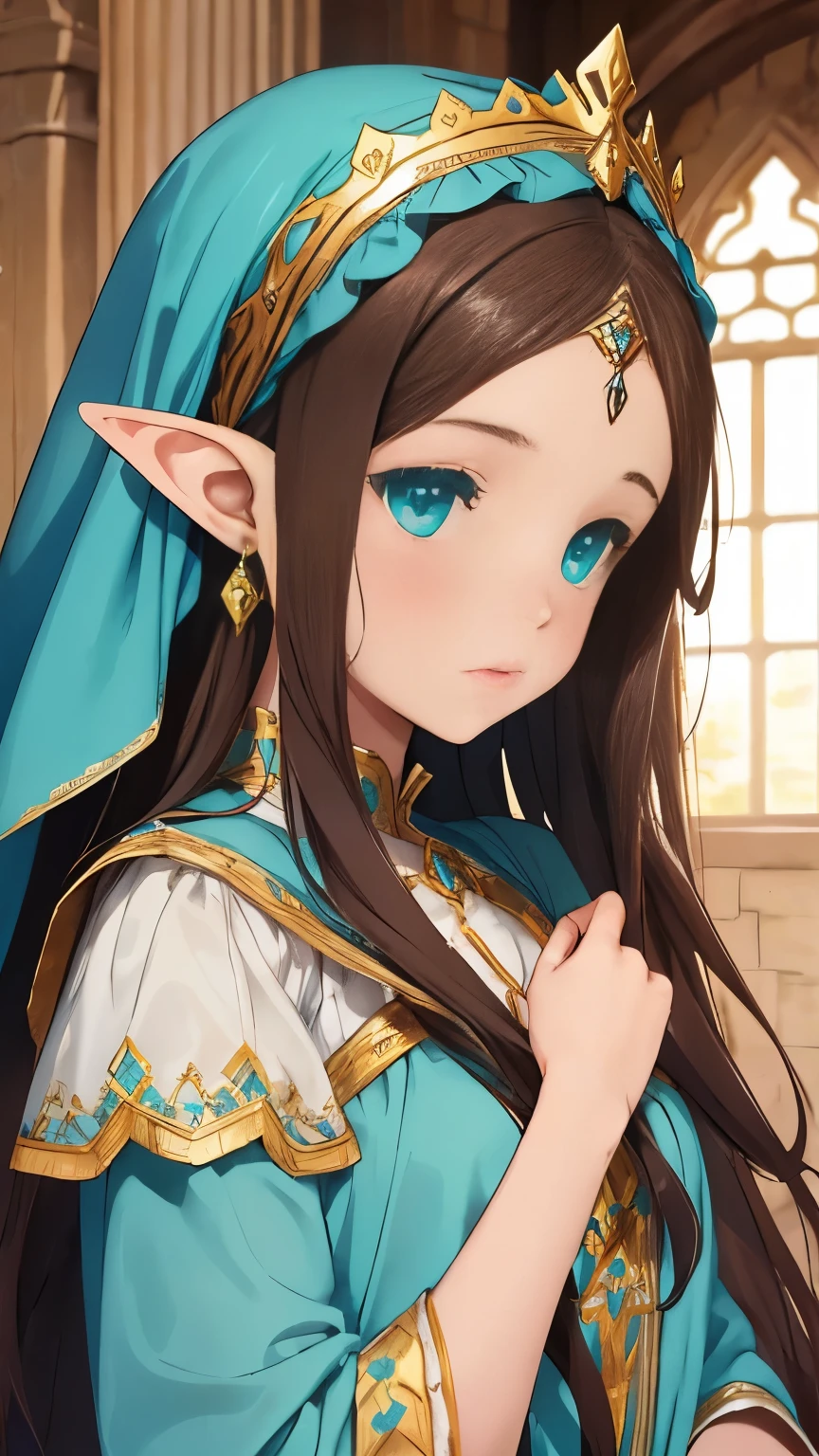 A girl with long dark brown hair, straight and with a clear forehead , with a beautiful face, innocent and turquoise eyes , dressed as an elf princess , light blue dress with ruffles , fine fabrics, headband tiara , pointed ears , medieval fantasy , embroidered details in plain gold