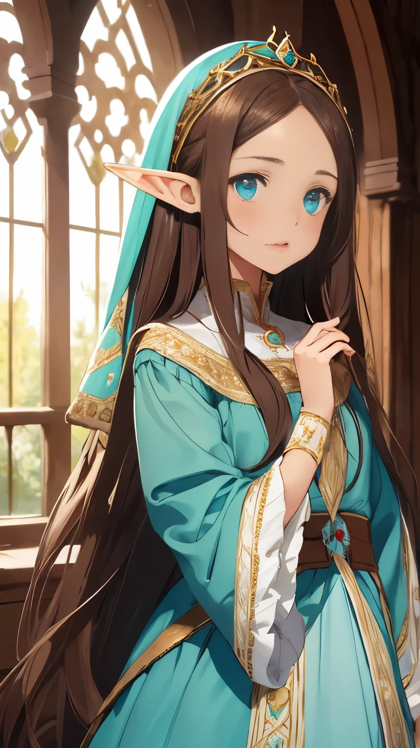 A girl with long dark brown hair, straight and with a clear forehead , with a beautiful face, innocent and turquoise eyes , dressed as an elf princess , light blue dress with ruffles , fine fabrics, headband tiara , pointed ears , medieval fantasy , embroidered details in plain gold