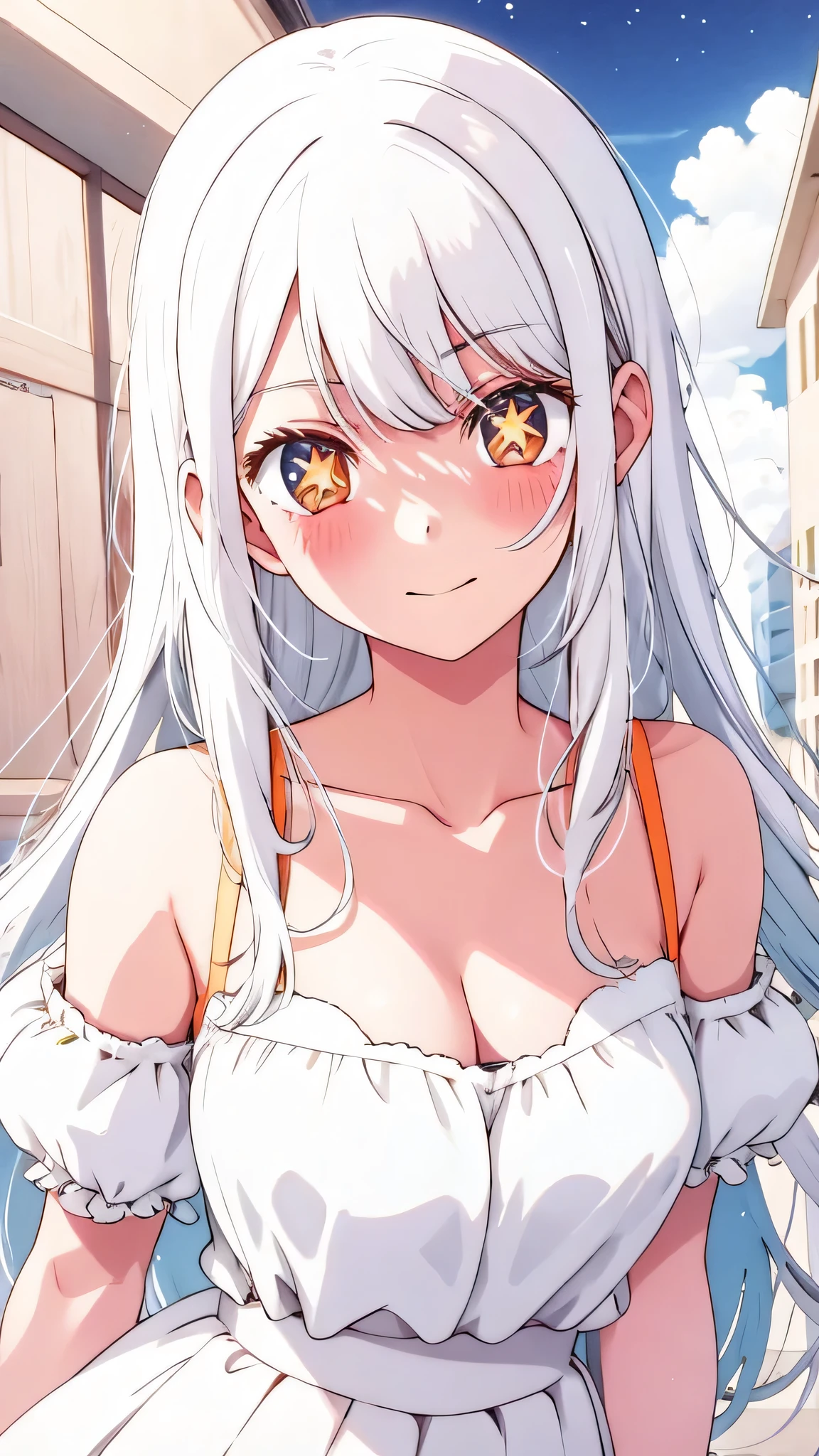 obra prima、 、(1 em:1.2)、,      Best quality,     white hair,  orAnge eyes   ,, cute girl, His expression is solemn, Cara sexy,   she has a pretty and expressive face , breasts、Ai Hoshino、[[[[[[At home}, orAnge eyes, smile, happy, adult woman, white idol dress, angel wings,   white hair,, happy,  white hair, open_boca, Star_\(symbol\),  symbol-shaped_students, ,Star-shaped _students,symbol-shaped_students, vibrant,   text  ,1 girl , alone , angel wings