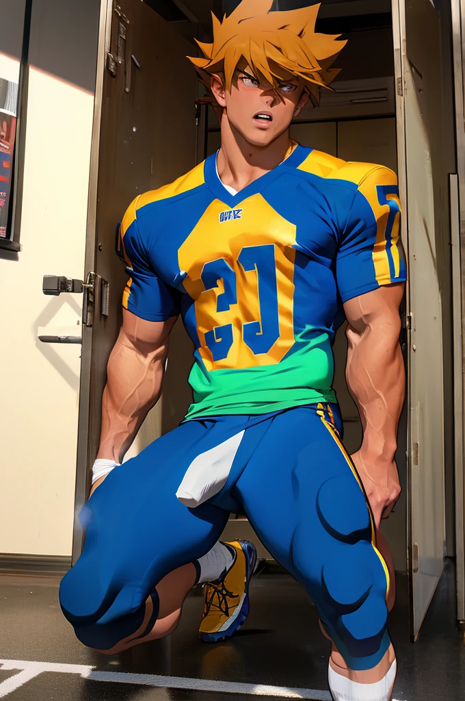 Jounouchi Katsuya from Yu-Gi-Oh, bodybuilder, sweaty, defined body, big legs, locker room, leaning against the lockers, wearing football uniform, vapid stare, sweaty body, big bulging crotch, shoulder pads, football jersey, football cleats, football pants, hypnotized blank stare, open mouth, hyper muscles, hyper swollen crotch bulge, bro, dumber, IQ drain, meathead, musclehead, dumb jock, brainwashed, flexing, hyper crotch bulge, big biceps, big triceps, big traps. broad shoulders, big meaty pecs, big thighs, thick glutes, bubble butt, hyper muscles, football team assimilation, brainwashed, brainwashing, glowing eyes, bro, mindless, "I am a big dumb jock boy.... I am a big dumb jock boy.... I am a big dumb jock boy.... Make more jocks.... Join the team.... You'll be a big dumb jock boy.... Obey, be a good dumb jock boy.... Grow to a big dumb jock boy....  I am a big dumb jock boy.... Just be a big dumb jock boy...."