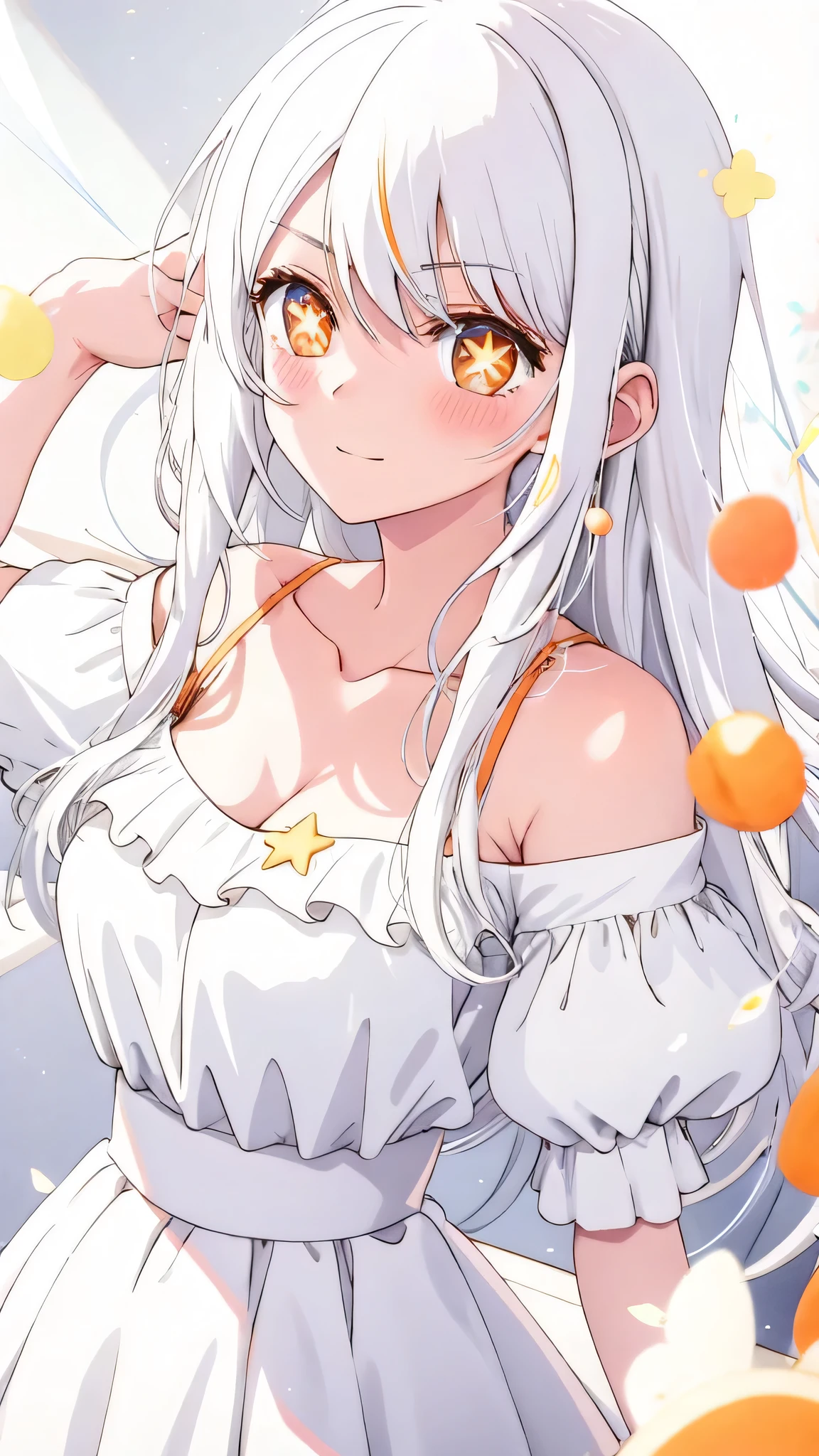 obra prima、 、(1 em:1.2)、,      Best quality,     white hair,  orAnge eyes   ,, cute girl, His expression is solemn, Cara sexy,   she has a pretty and expressive face , breasts、Ai Hoshino、[[[[[[At home}, orAnge eyes, smile, happy, adult woman, white idol dress, angel wings,   white hair,, happy,  white hair, open_boca, Star_\(symbol\),  symbol-shaped_students, ,Star-shaped _students,symbol-shaped_students, vibrant,   text  ,1 girl , alone , angel wings