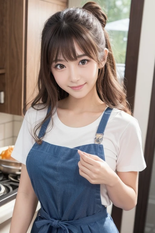 One girl,Long Hair,smile, ((Overalls)),(kitchen) 、RAW Photos, (photoRealistic:1.37, Realistic), Highly detailed CG integrated 8K wallpaper, View your viewers, (((Straight from the front))), (high qualityスキン:1.8, Shiny skin), 8K Ultra HD, Digital SLR, Soft lighting, high quality, Film Grain, Fujifilm XT3, ((Upper Body:1.6)), (Professional Lighting:1.6)、Large Breasts、(No clothes:1.5、I'm not wearing anything)、(I want to see up to my knees:1.5)、whole body、Huge breasts