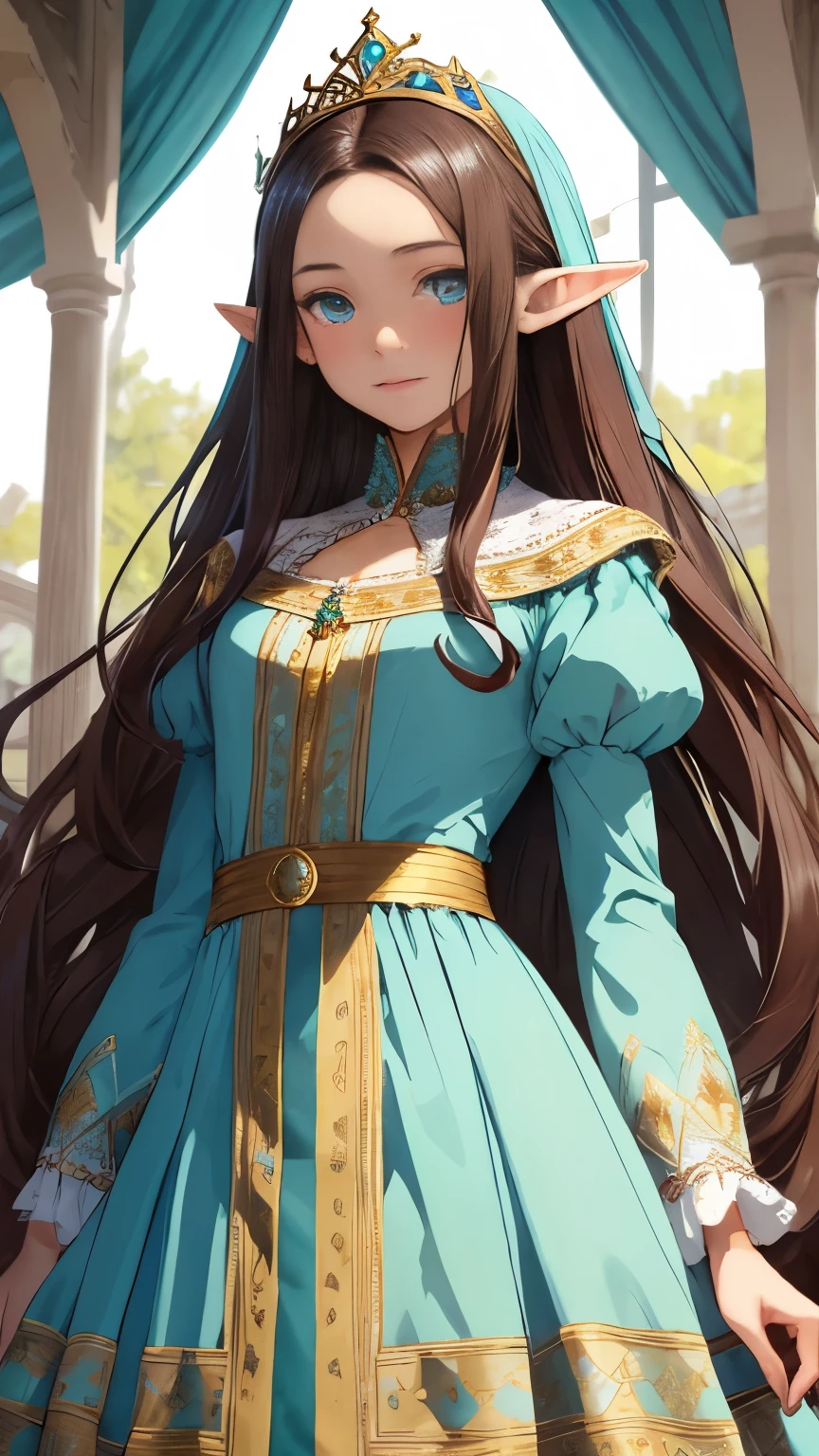 Masterpiece, A girl with long dark brown hair, straight and with a clear forehead , with a beautiful face, innocent and turquoise eyes , dressed as an elf princess , light blue dress with ruffles , fine fabrics, headband tiara , pointed ears , medieval fantasy , embroidered details in plain gold