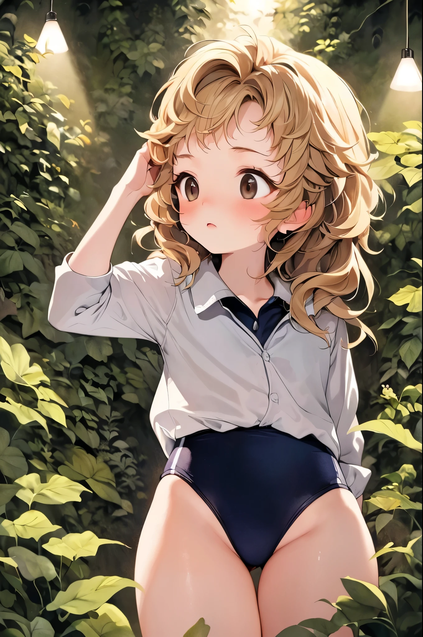 (masterpiece, highest quality),  (Dark forest at night), One Girl, young teen, Black gymnastics bloomers, High leg、 standing in night forest, Looking up at the forest、Anxious expression, Emotional, Wide-angle, dark, Best Shadow, watercolor, long blonde hair、 collar、Black gymnastics bloomers, High leg、