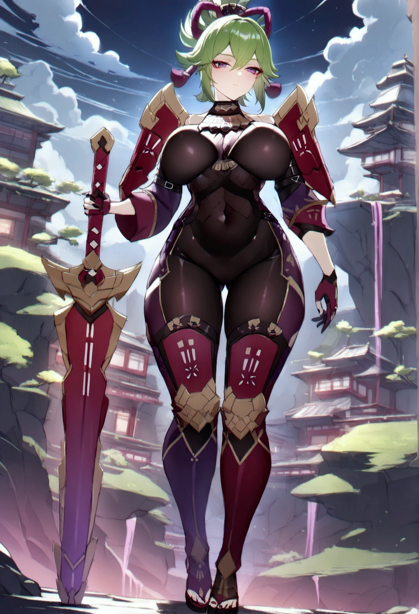 kuki shinobu, genshin, Milf, woman in a futuristic suit, highly detailed face, cool, large breast, (Milf), mature face, (mature female), cybersuit, anime girl wearing tight suit, milfication, Elegant body, navel focus, naked body, full body, gloves, science fiction, female protagonist, standing, volumetric light, detailed lighting, detailed textures, oppai cyberpunk, biomechanical oppai, using sword, masterpiece, best quality eyes, futuristic landscape
