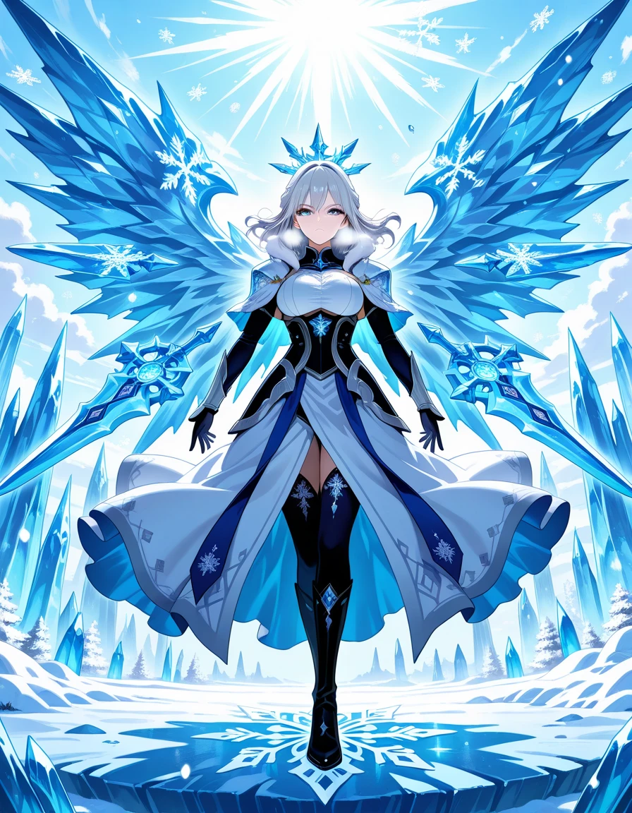 1girl,aged up,arm at side,expressionless,dynamic pose, weapon,weapon formation, taico haori,Frozen cherry blossoms,multiple weapon,ice theme, frozen icy weather,ice theme, Arctic likes,(freezing foreground),big icy wings,battle scene,(visual impact:1.3),closeup, snowflakes, Winter
,masterpiece,best quality,amazing quality,very aesthetic,absurdres,newest,