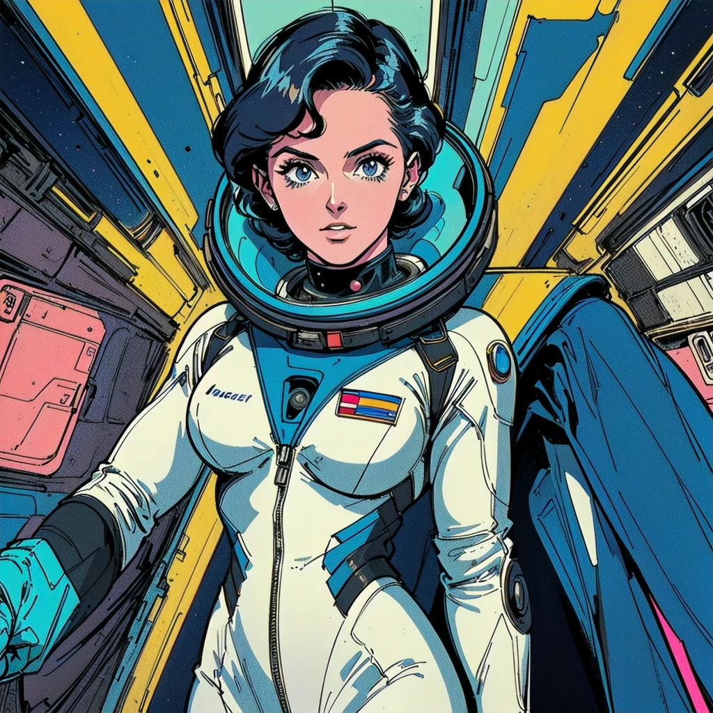 ((( Best Quality Masterpiece ))),(((Absolutely one woman))),(spacesuit that emphasizes cleavage ),((( 70s and 80s space thriller movie posters))),( American Comics ),((( retro vintage style ))),Overwhelmingly complex depiction,Absolute machine group background, futuristic cyberpunk ,Extremely accurate and delicate depiction,